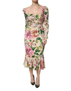 Dolce & Gabbana Pink Floral Silk Fit And Flared Midi Dress - Zeiniez