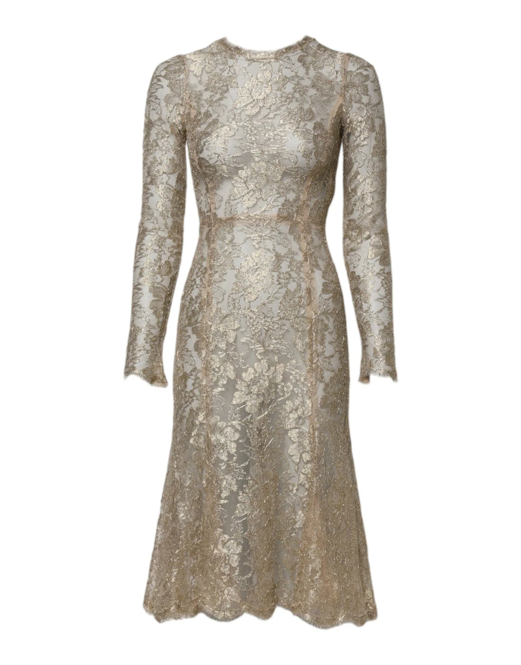 Dolce & Gabbana Gold Floral Lace Long Sleeves Fit & Flare Dress - Zeiniez