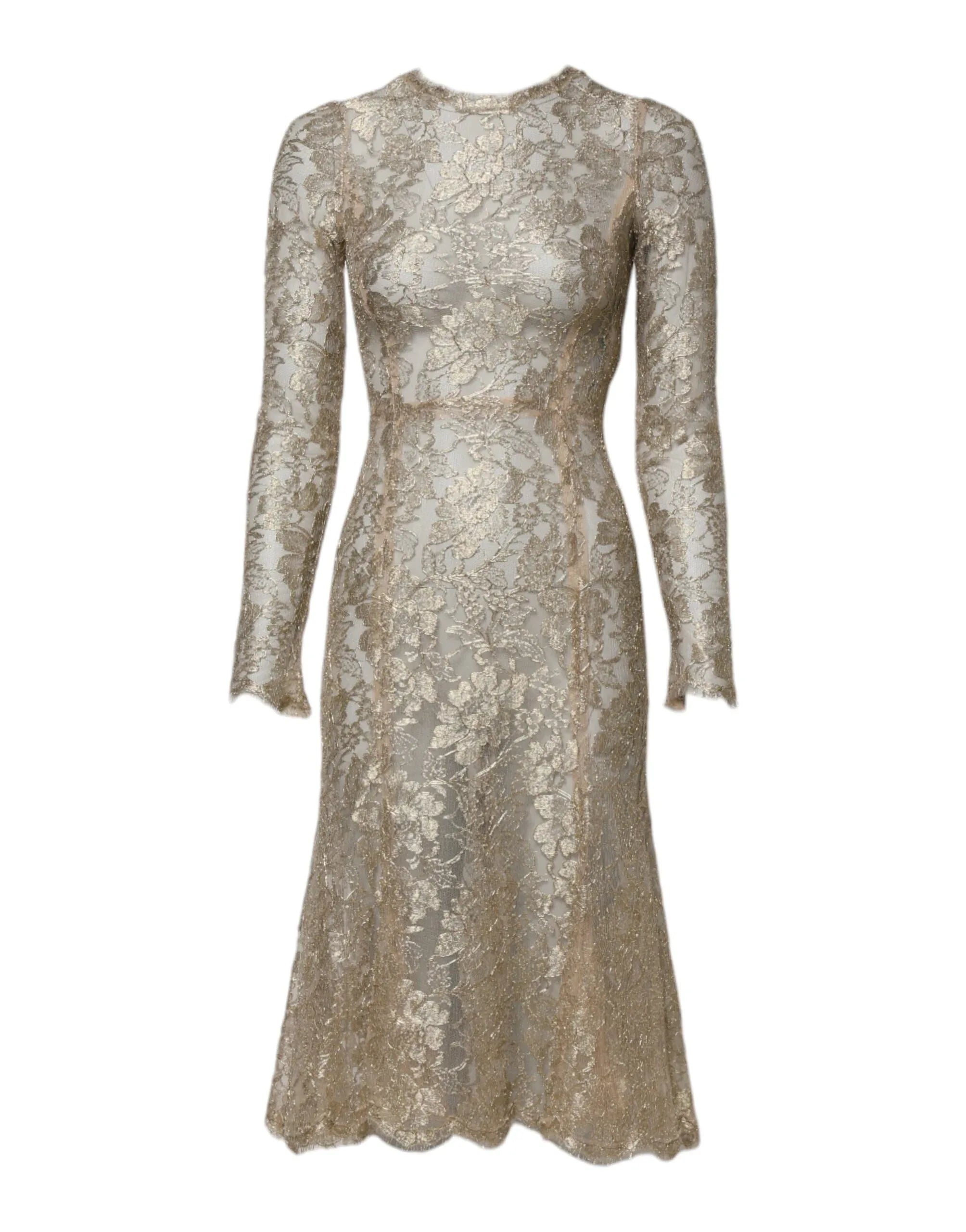 Dolce & Gabbana Gold Floral Lace Long Sleeves Fit & Flare Dress - Zeiniez