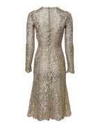 Dolce & Gabbana Gold Floral Lace Long Sleeves Fit & Flare Dress - Zeiniez