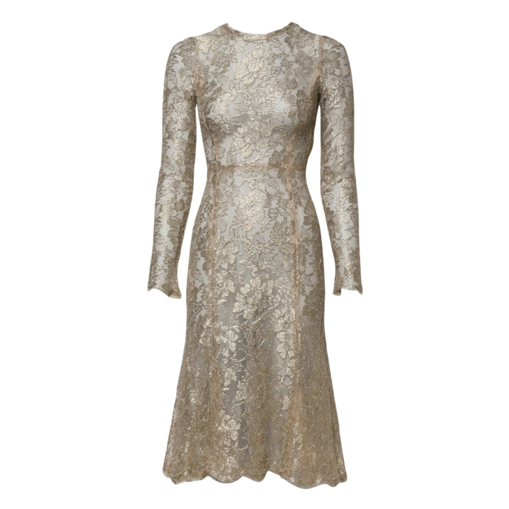 Dolce & Gabbana Gold Floral Lace Long Sleeves Fit & Flare Dress - Zeiniez
