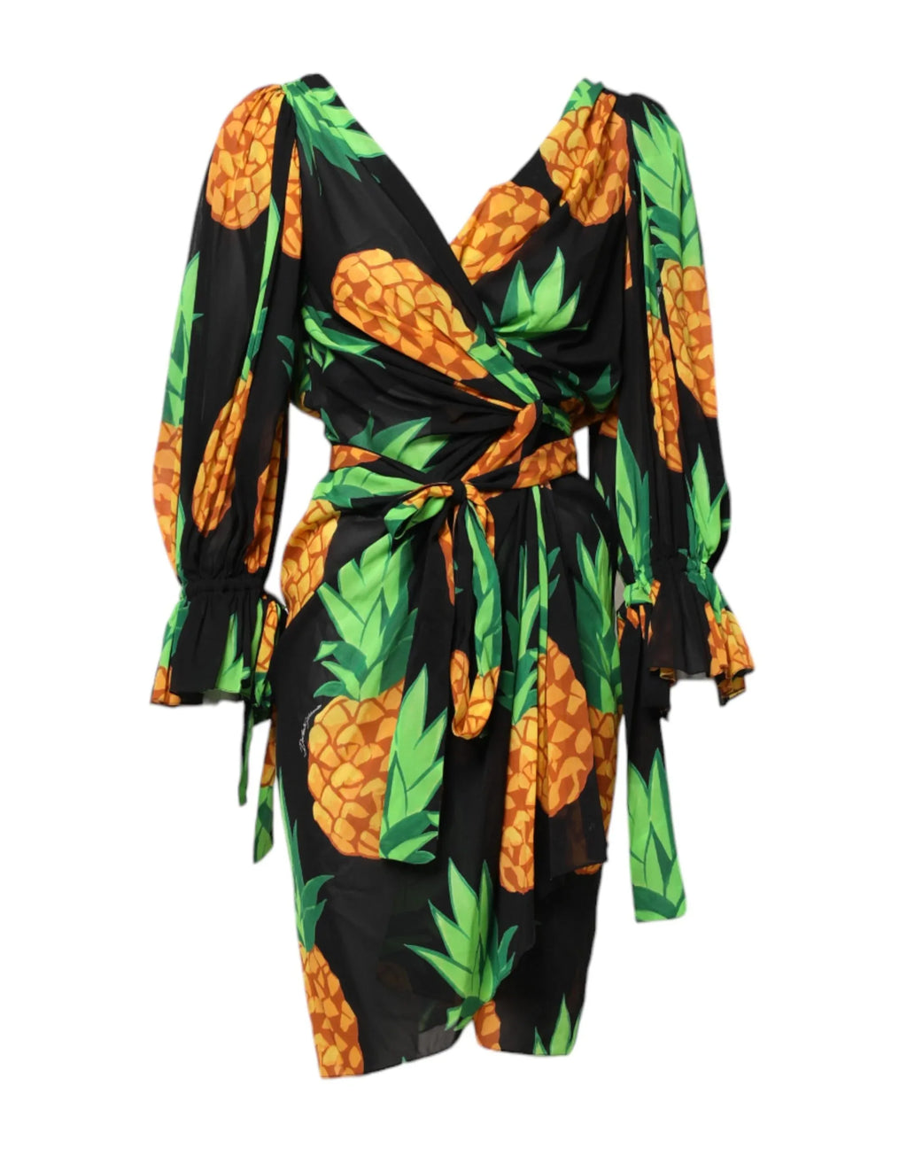 Dolce & Gabbana Black Pineapple Print Silk Wrap Mini Dress - Zeiniez