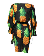 Dolce & Gabbana Black Pineapple Print Silk Wrap Mini Dress