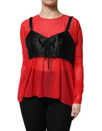 Dolce & Gabbana Red Black Bustier Detailing Long Sleeves Top - Zeiniez