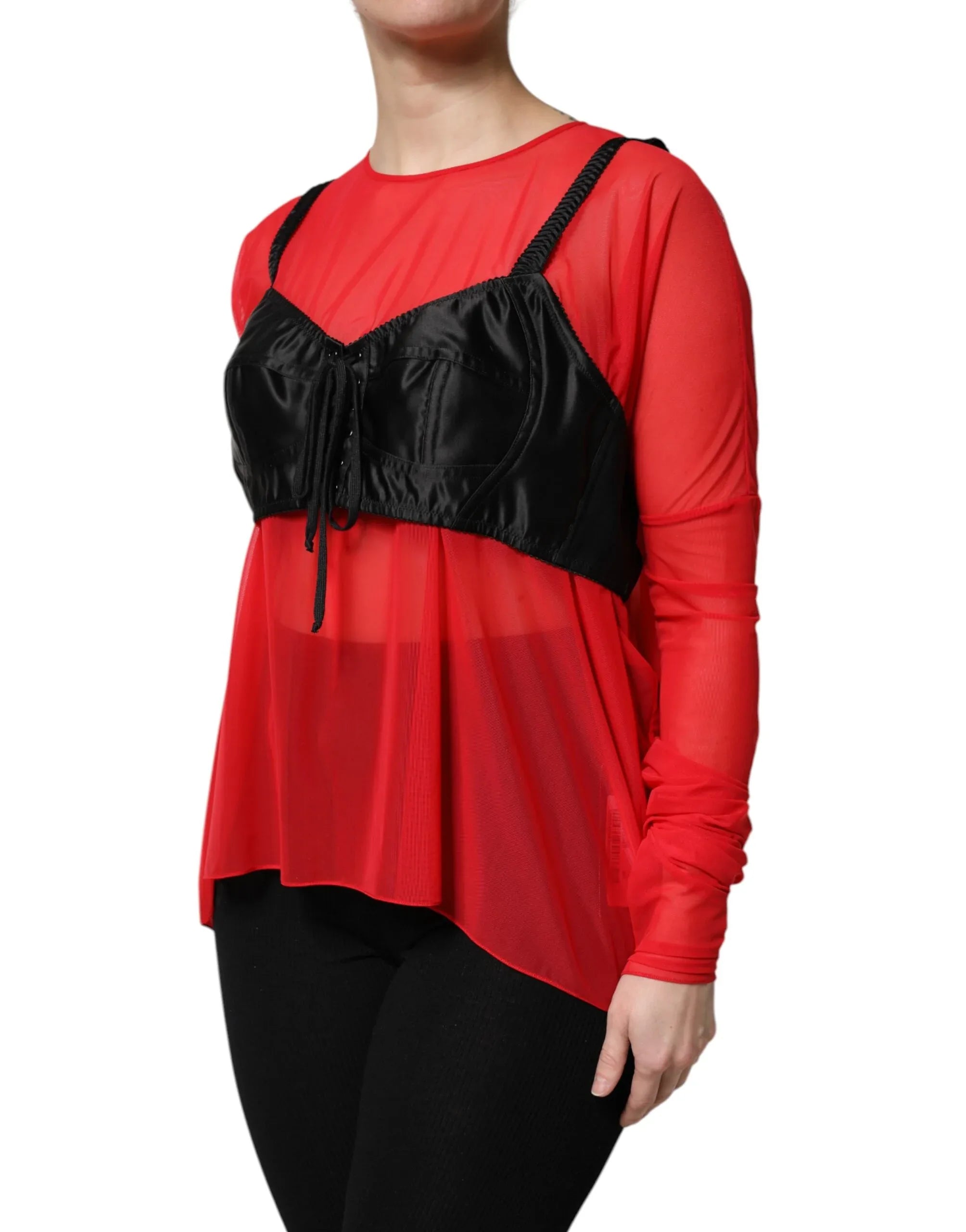 Dolce & Gabbana Red Black Bustier Detailing Long Sleeves Top - Zeiniez