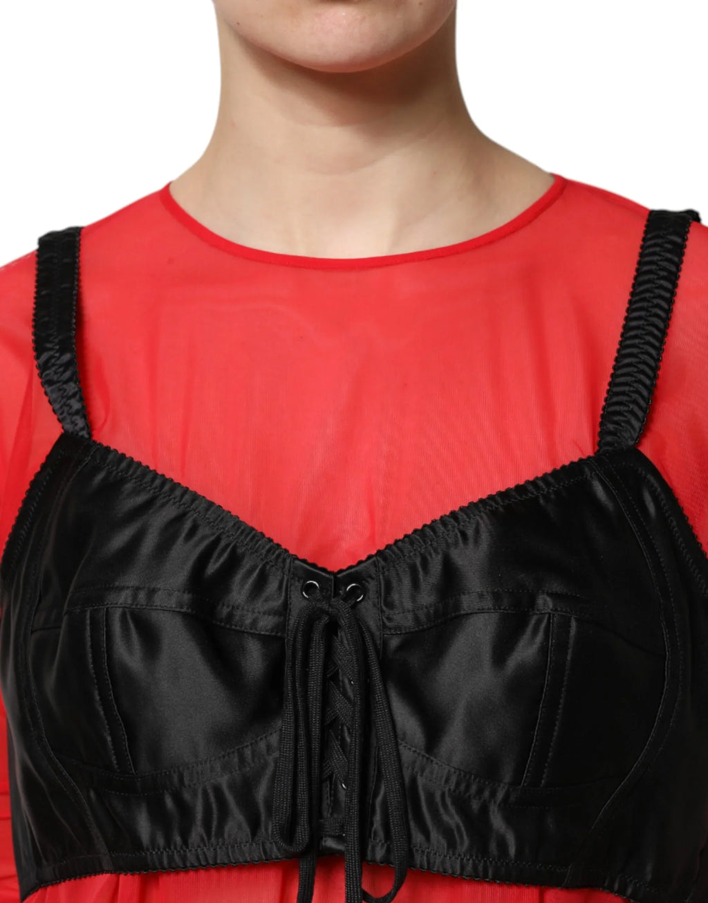 Dolce & Gabbana Red Black Bustier Detailing Long Sleeves Top - Zeiniez