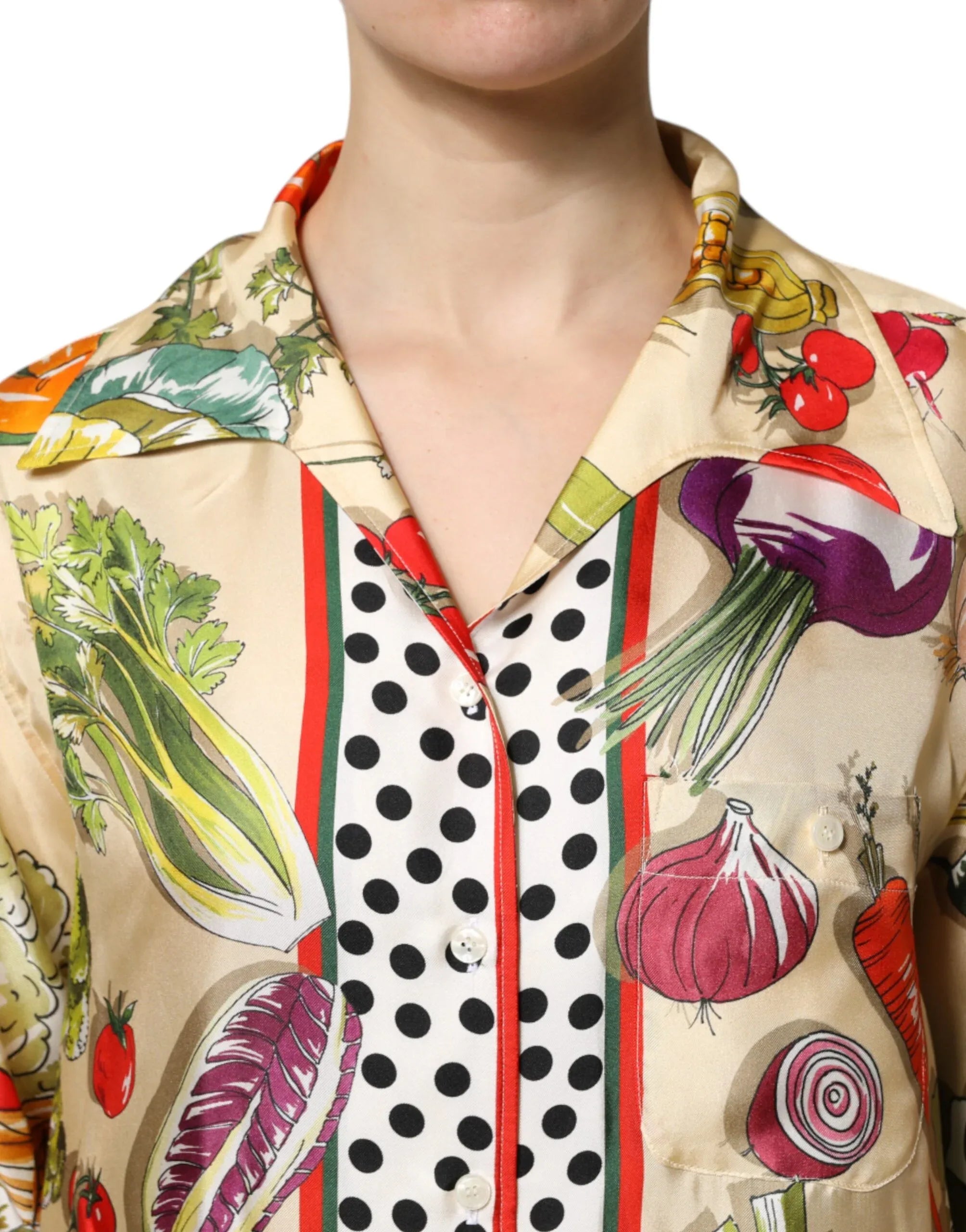 Dolce & Gabbana Multicolor Vegetables Silk Long Sleeves Top - Zeiniez