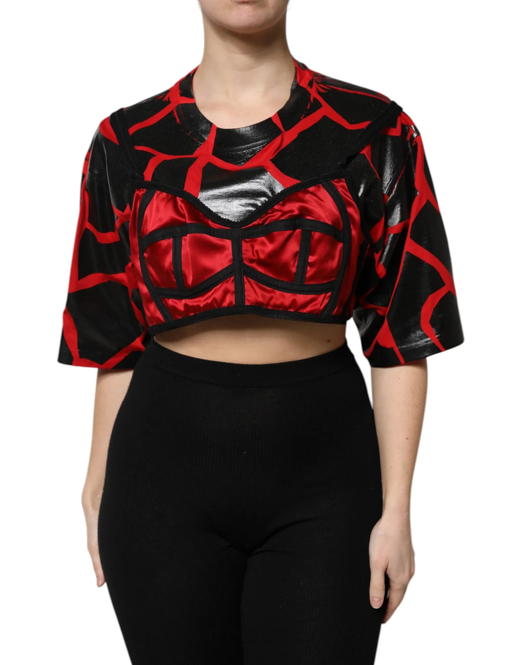 Dolce & Gabbana Red Black Cotton Bustier Detailing Cropped Top - Zeiniez