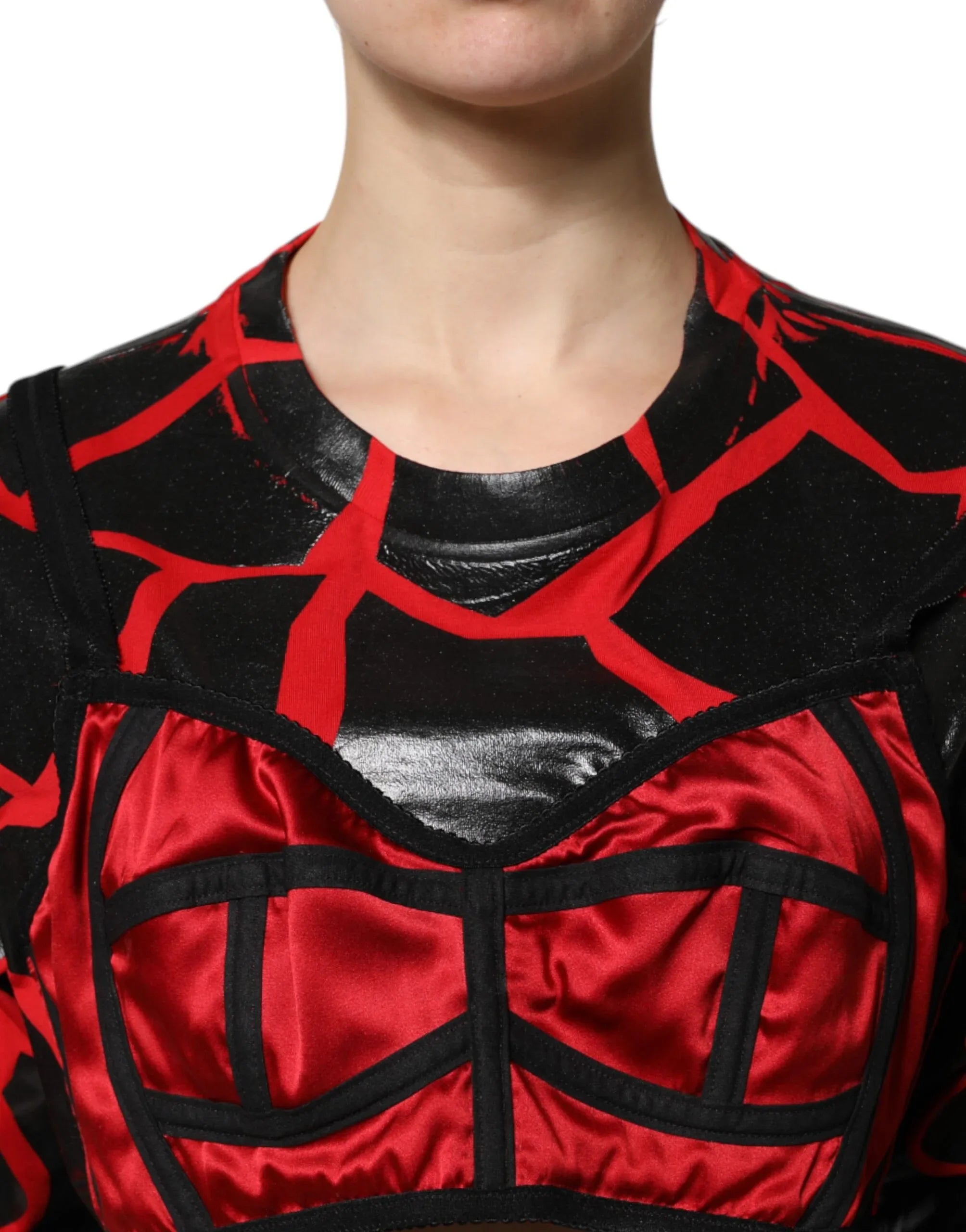 Dolce & Gabbana Red Black Cotton Bustier Detailing Cropped Top - Zeiniez