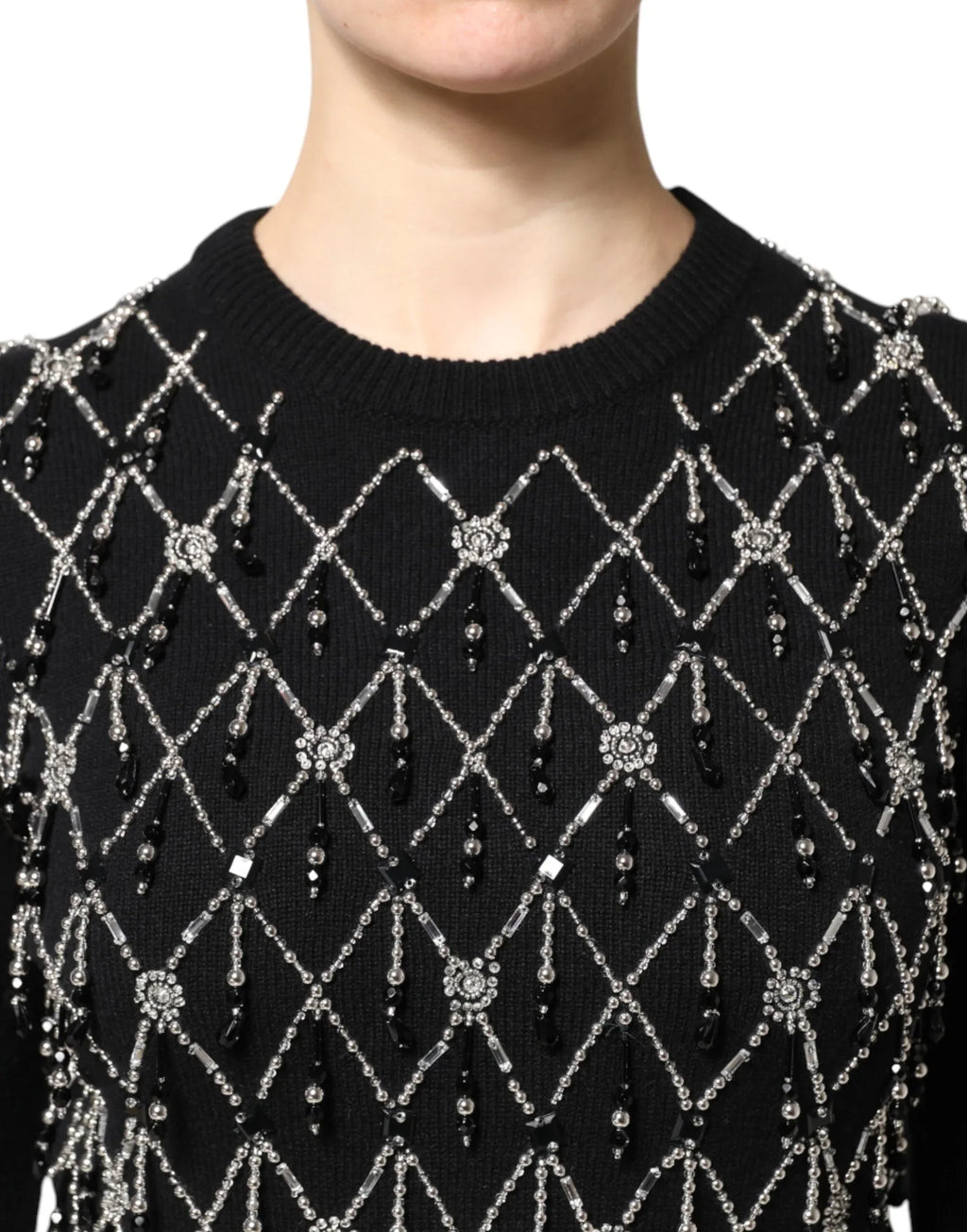 Dolce & Gabbana Black Cashmere Embellished Long Sleeves Top - Zeiniez