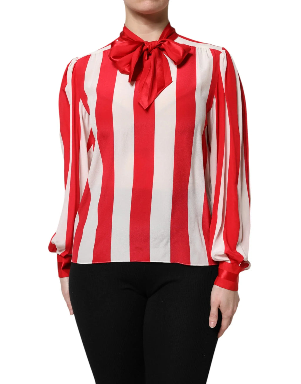 Dolce & Gabbana Red White Stripes Ascot Collar Blouse Top - Zeiniez