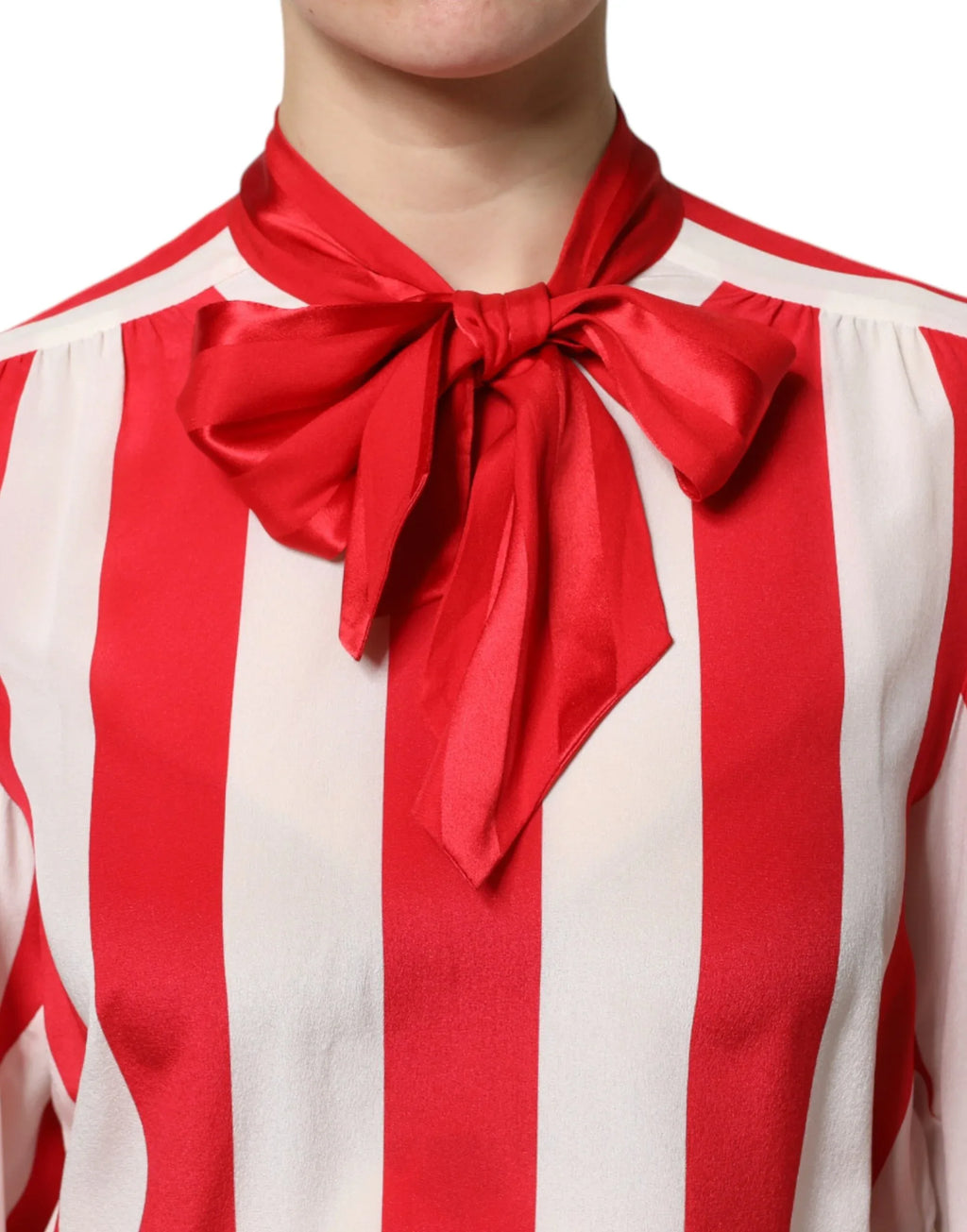 Dolce & Gabbana Red White Stripes Ascot Collar Blouse Top - Zeiniez