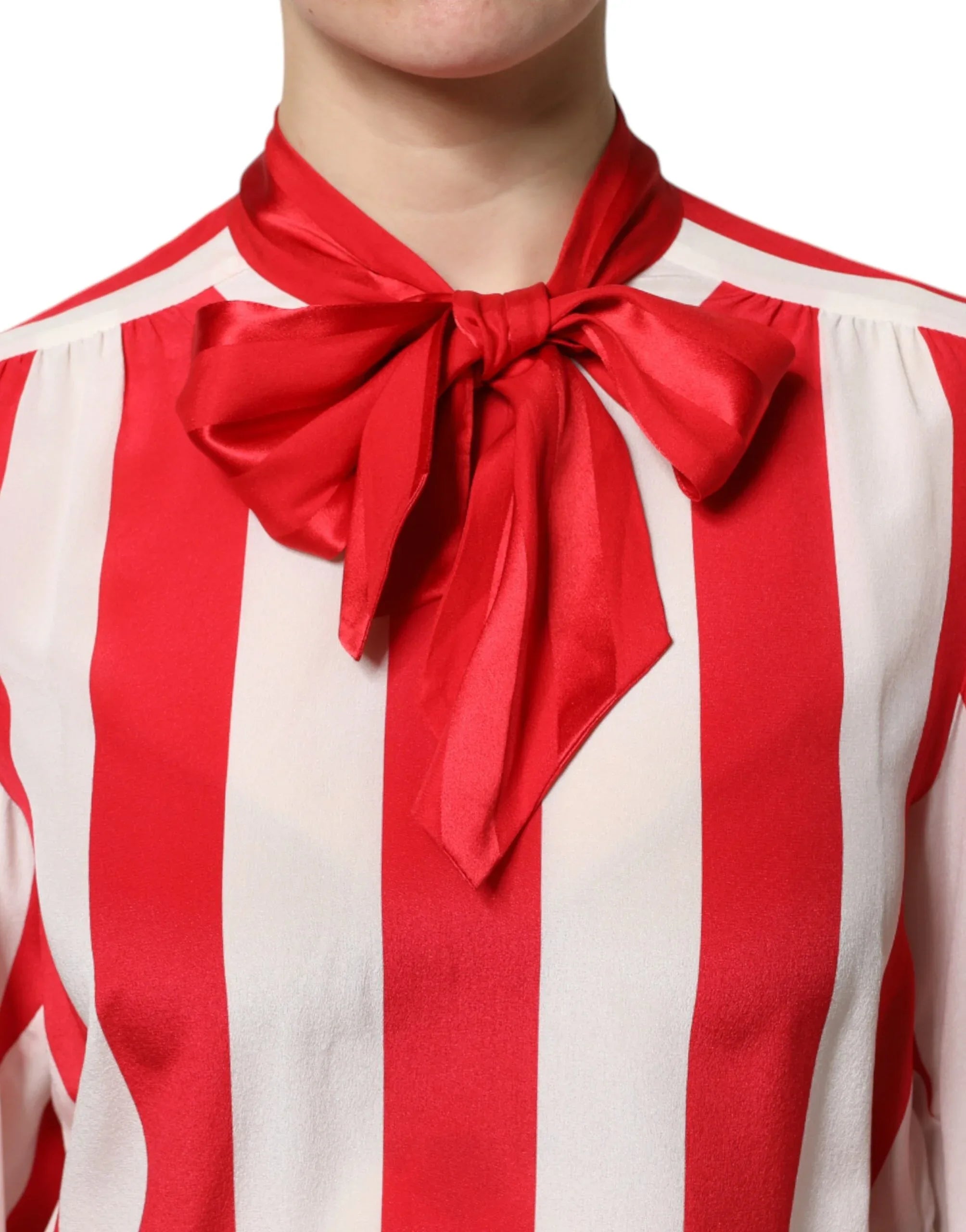 Dolce & Gabbana Red White Stripes Ascot Collar Blouse Top - Zeiniez
