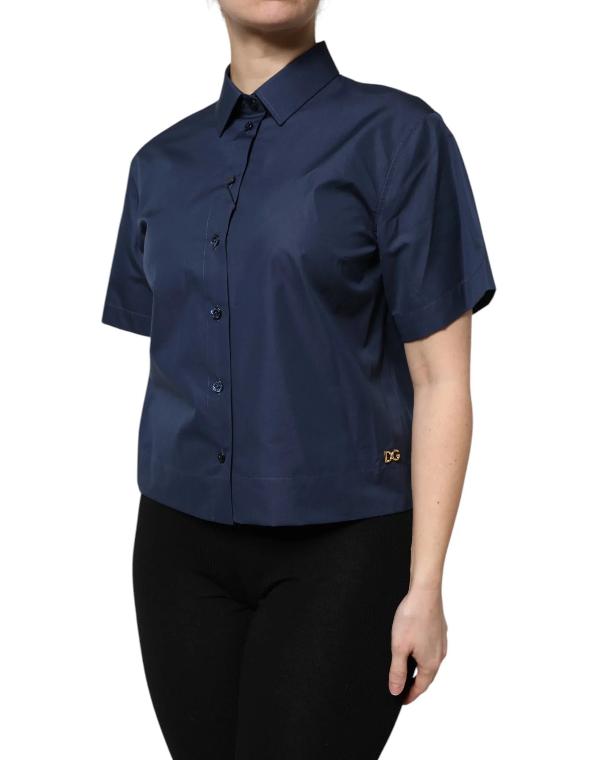 Dolce & Gabbana Blue Cotton Short Sleeves Button Down Top - Zeiniez