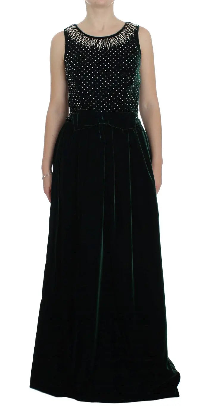Dolce & Gabbana Green Velvet Crystal Long Maxi Dress Dolce & Gabbana