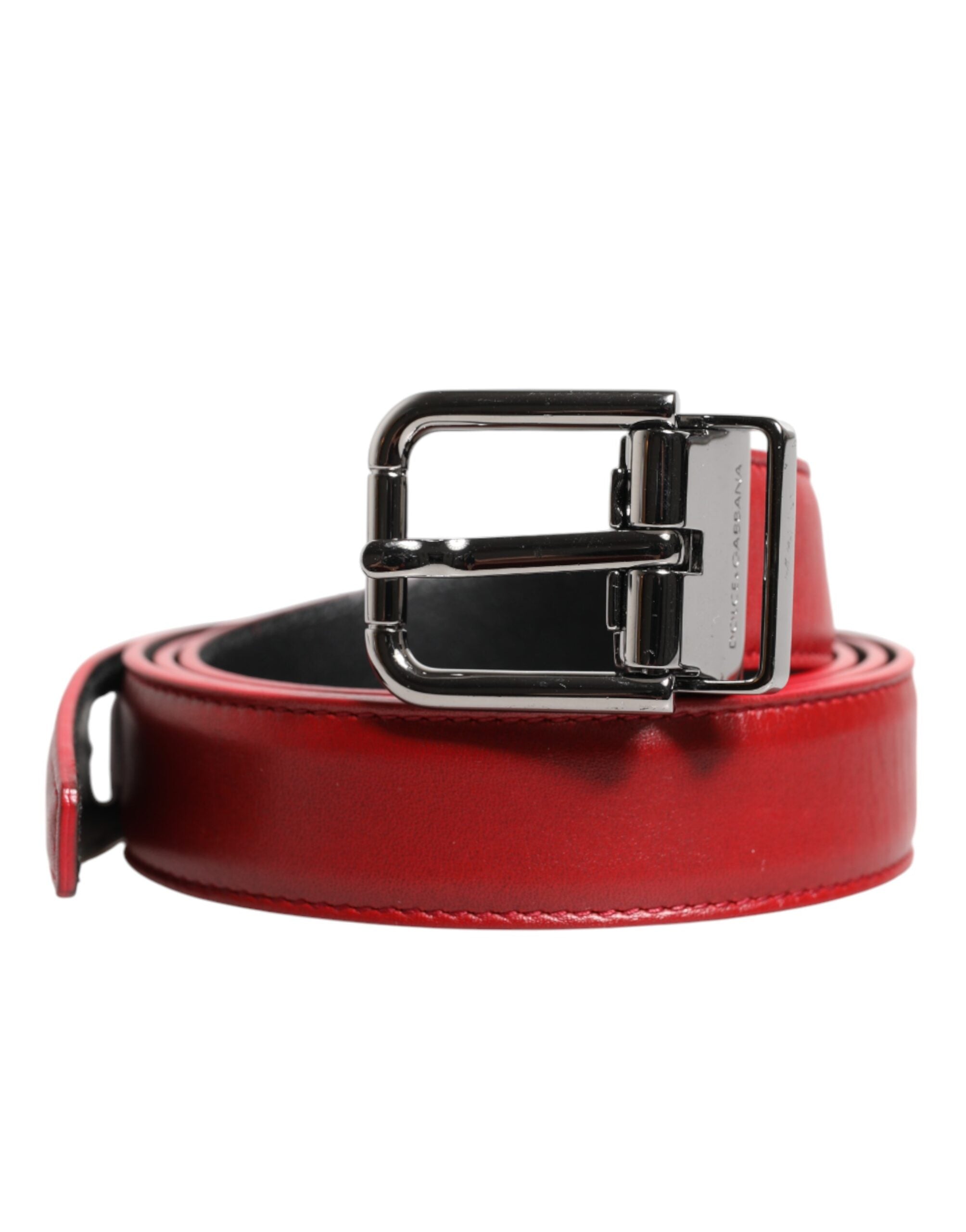 Dolce & Gabbana Red Leather Silver Tone Metal Buckle Belt - Zeiniez
