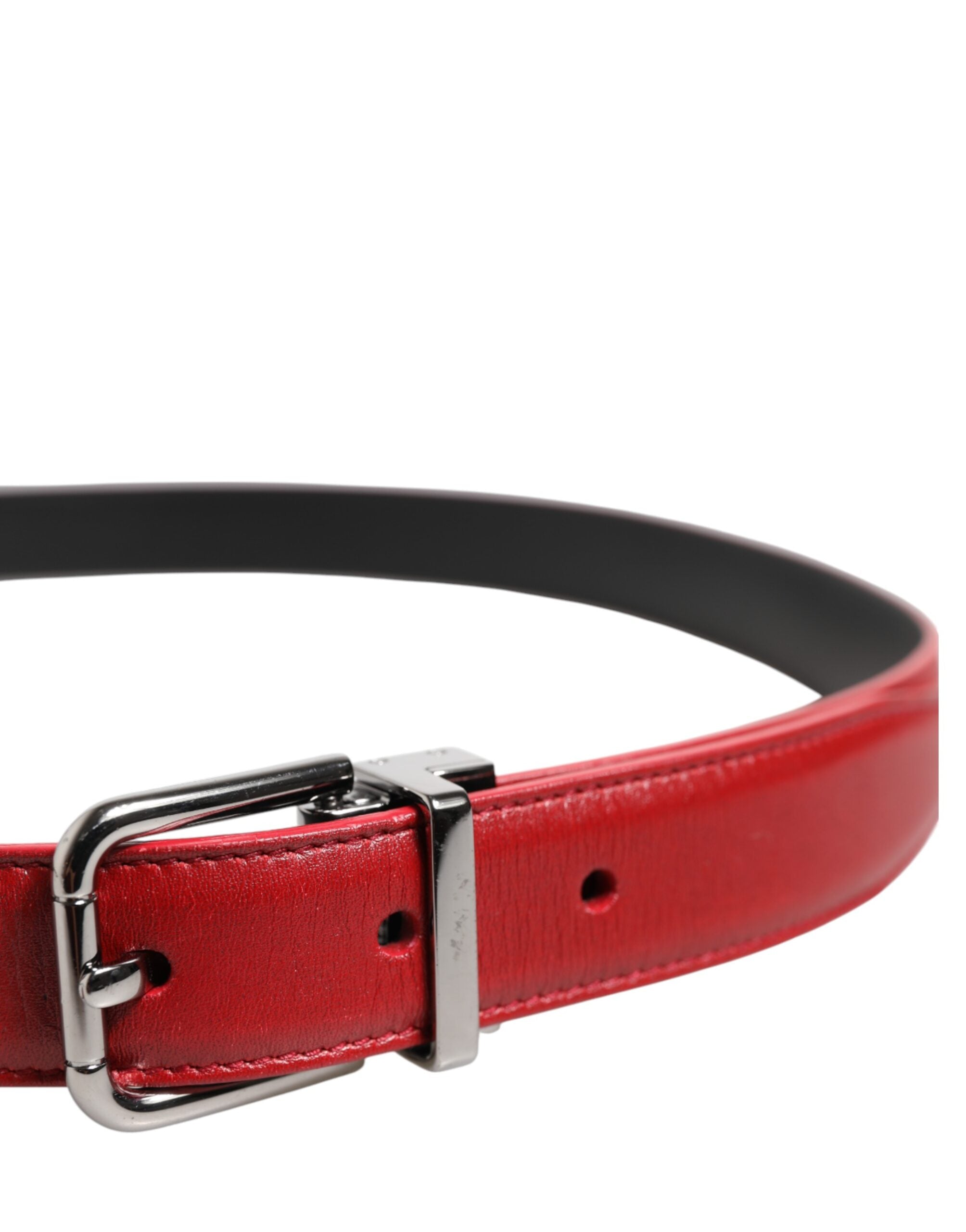 Dolce & Gabbana Red Leather Silver Tone Metal Buckle Belt - Zeiniez