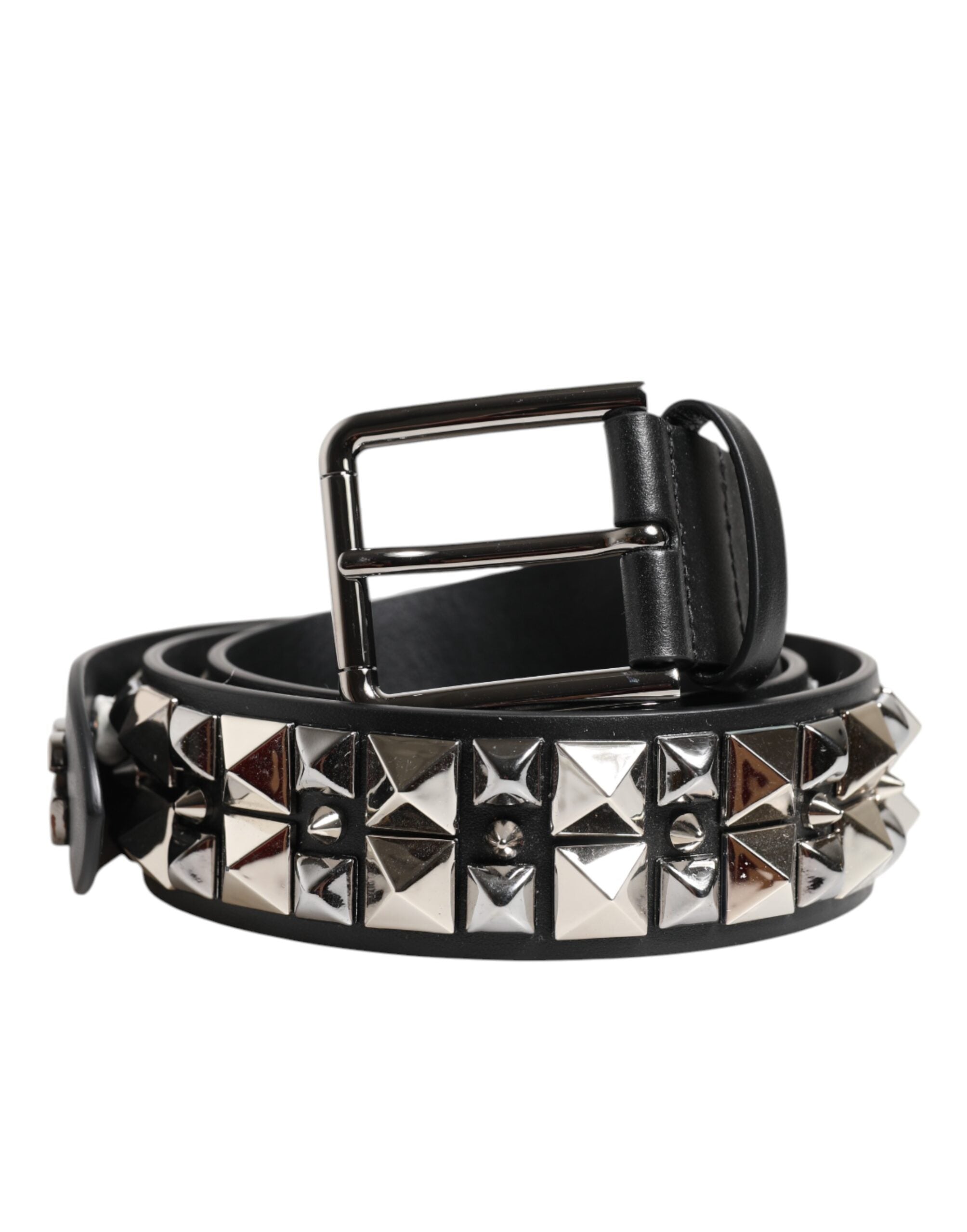 Dolce & Gabbana Black Calf Leather Studded Silver Buckle Belt - Zeiniez