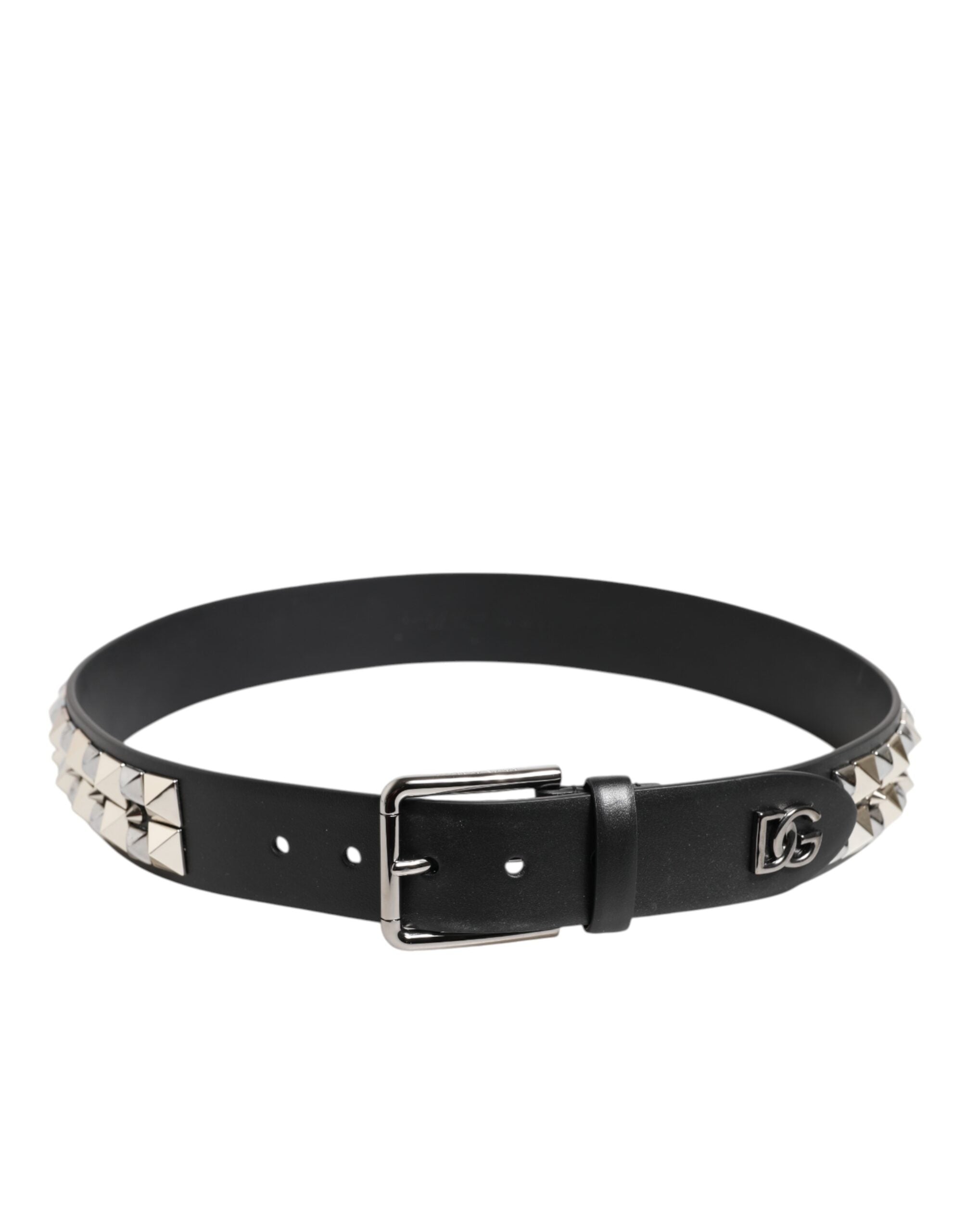 Dolce & Gabbana Black Calf Leather Studded Silver Buckle Belt - Zeiniez