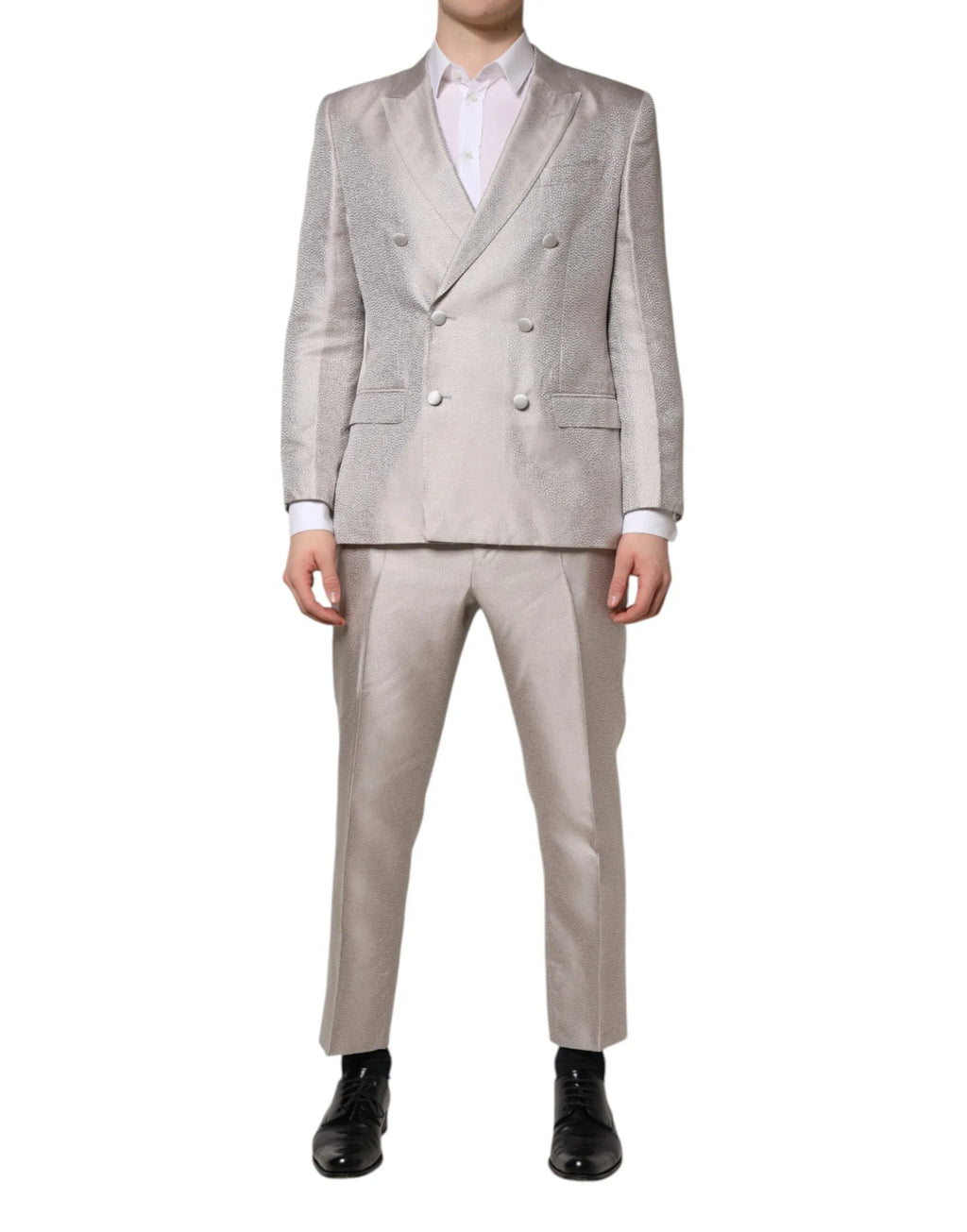 Dolce & Gabbana Light Gray Jacquard Silk Dotted 2 Piece Suit - Zeiniez
