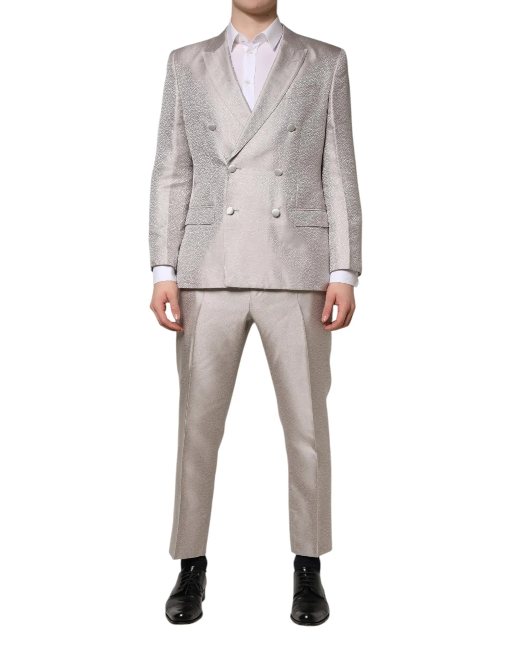 Dolce & Gabbana Light Gray Jacquard Silk Dotted 2 Piece Suit - Zeiniez