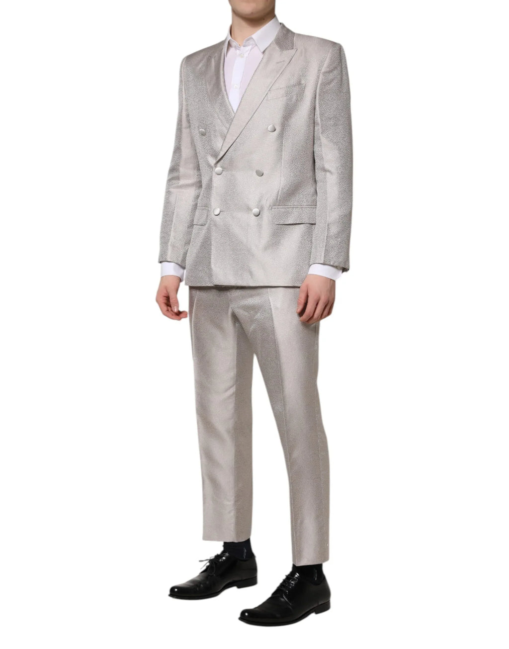 Dolce & Gabbana Light Gray Jacquard Silk Dotted 2 Piece Suit - Zeiniez