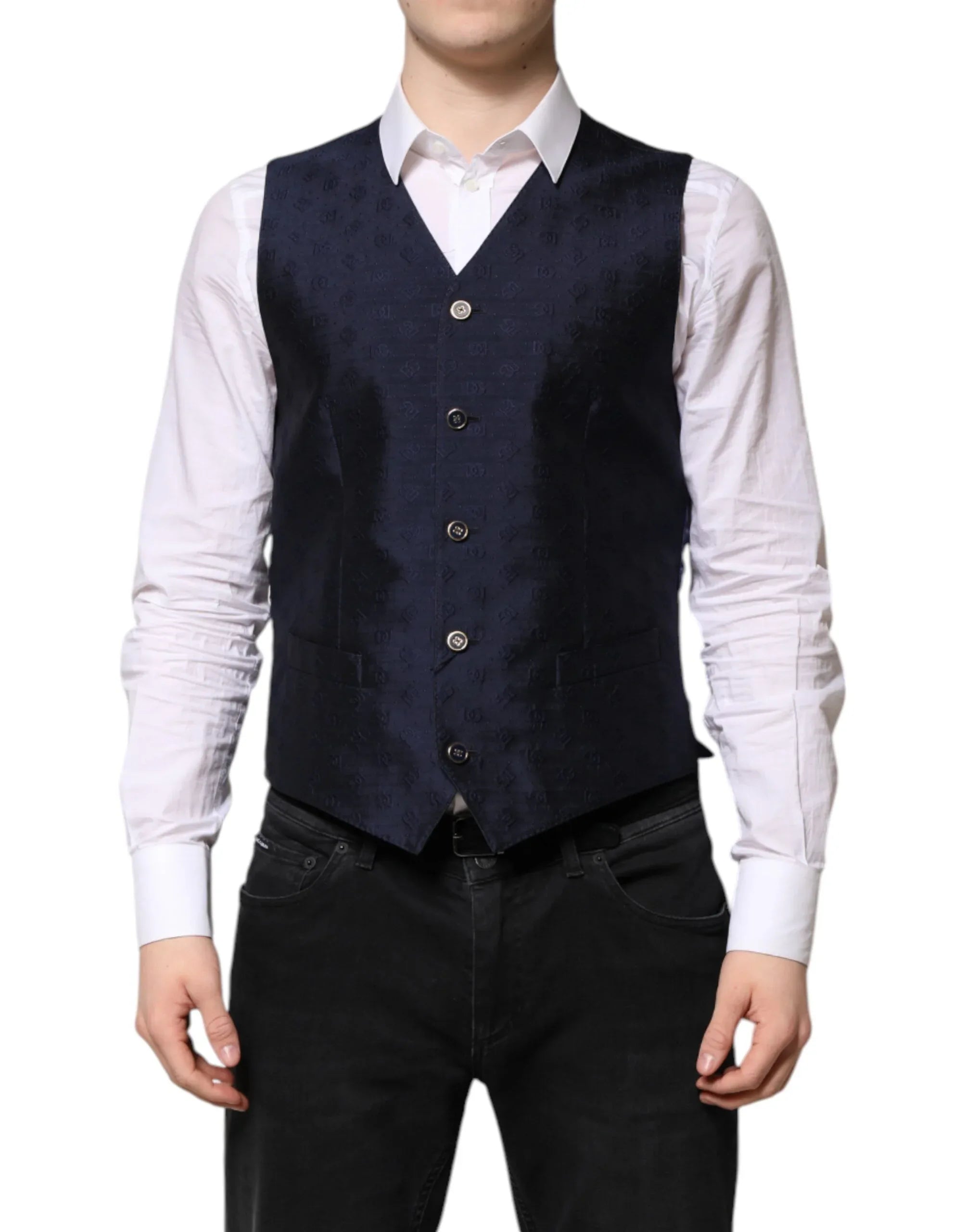 Dolce & Gabbana Dark Blue Logo Wool Formal Men Waistcoat Vest - Zeiniez
