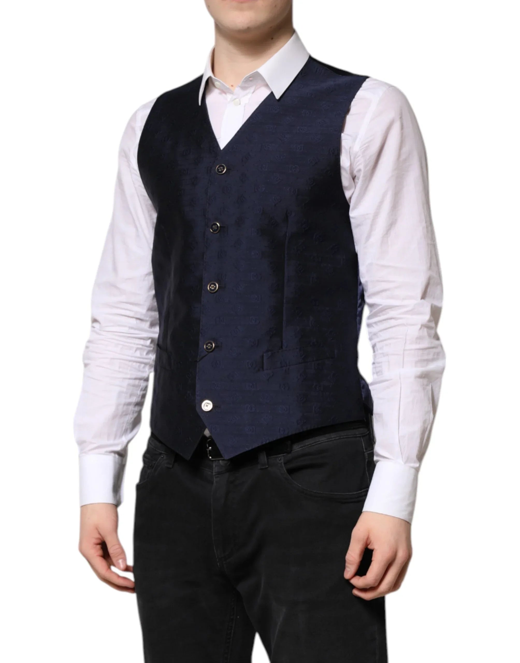 Dolce & Gabbana Dark Blue Logo Wool Formal Men Waistcoat Vest - Zeiniez