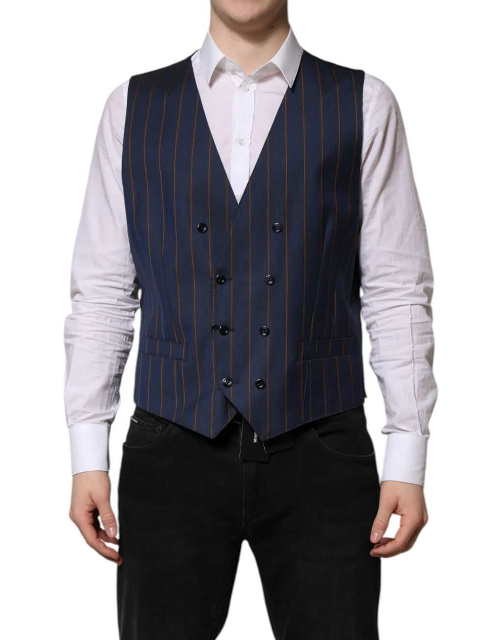 Dolce & Gabbana Blue Stripes Wool Formal Men Waistcoat Vest - Zeiniez