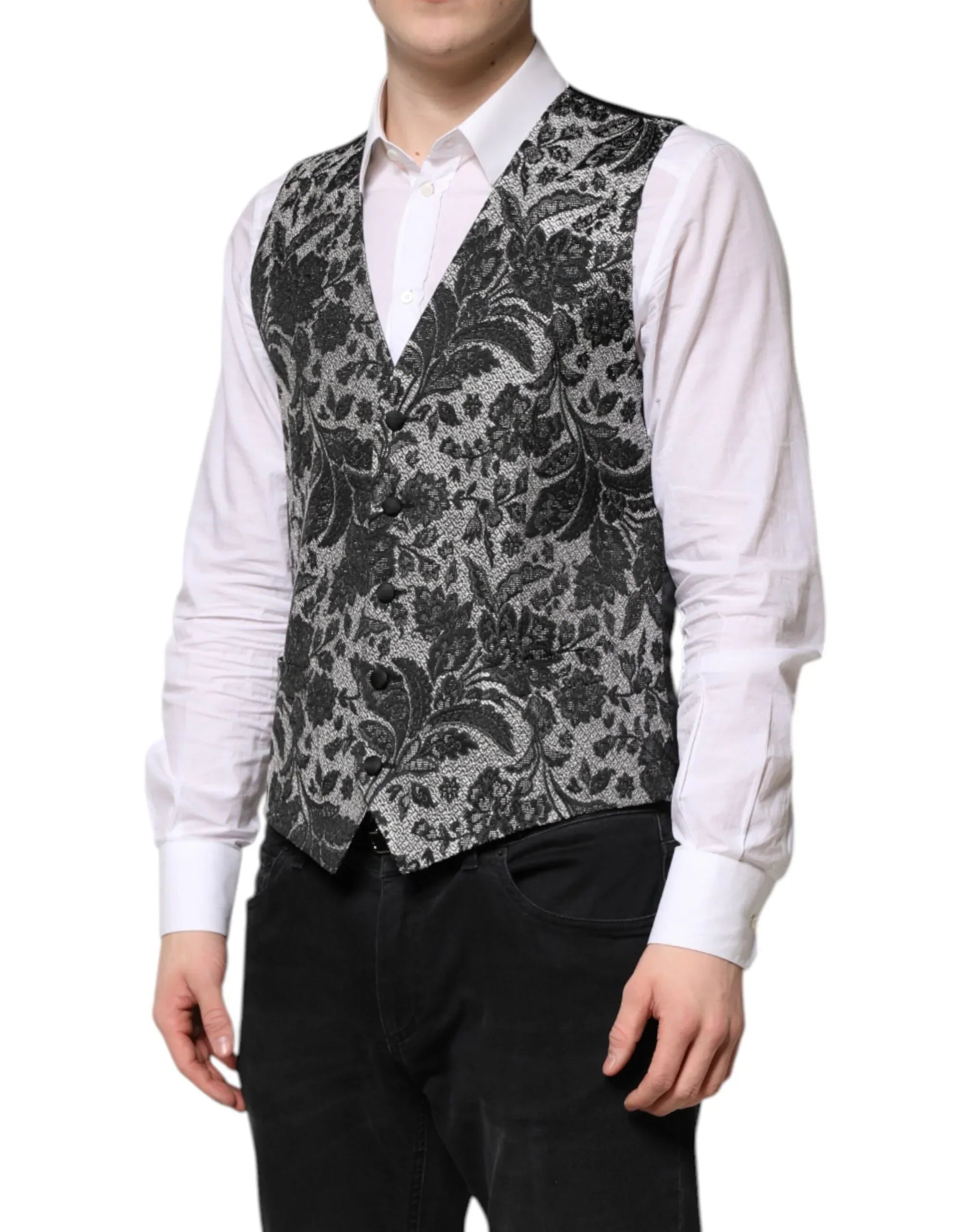 Dolce & Gabbana Black Gray Brocade Formal Men Waistcoat Vest - Zeiniez