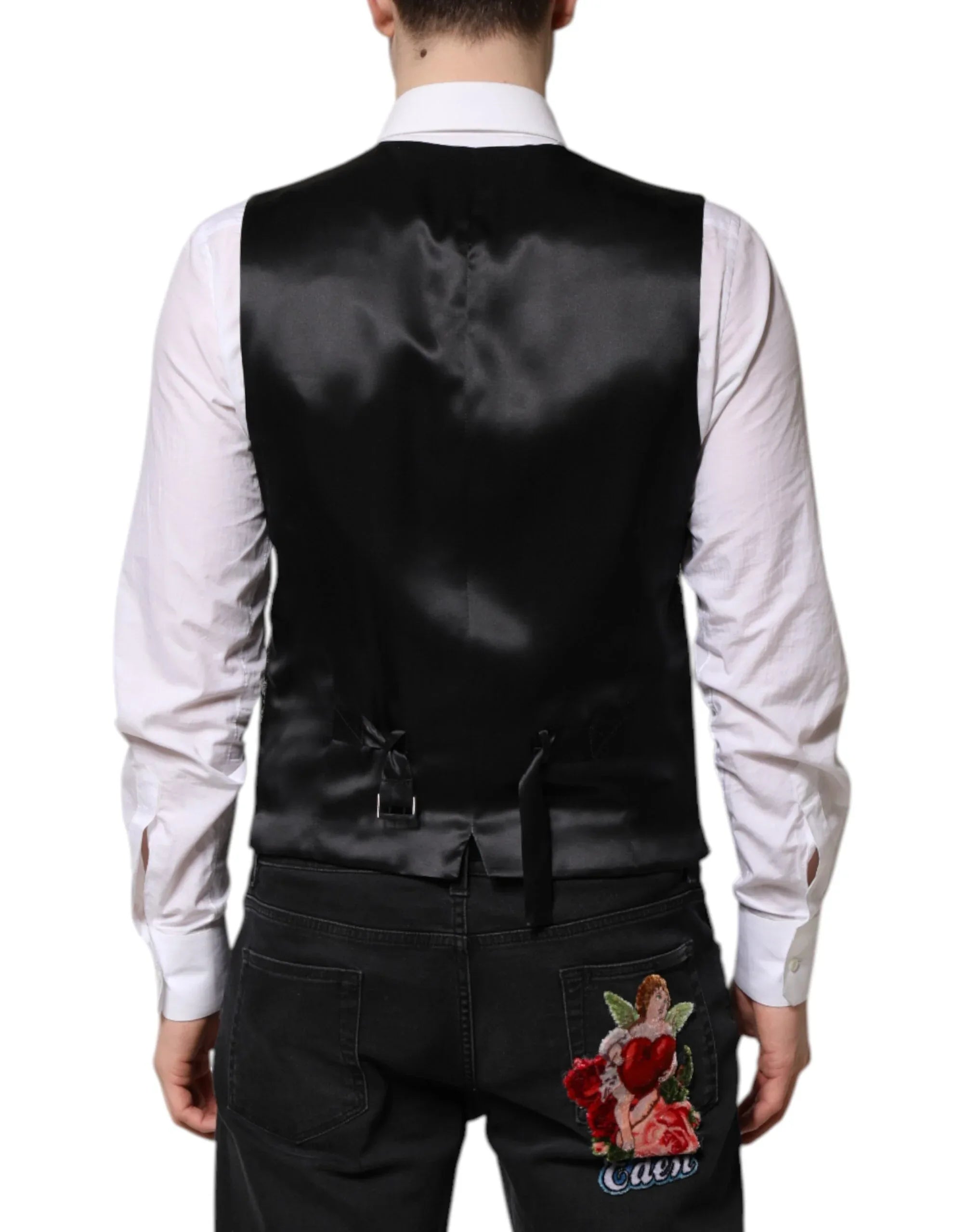 Dolce & Gabbana Black Gray Brocade Formal Men Waistcoat Vest - Zeiniez