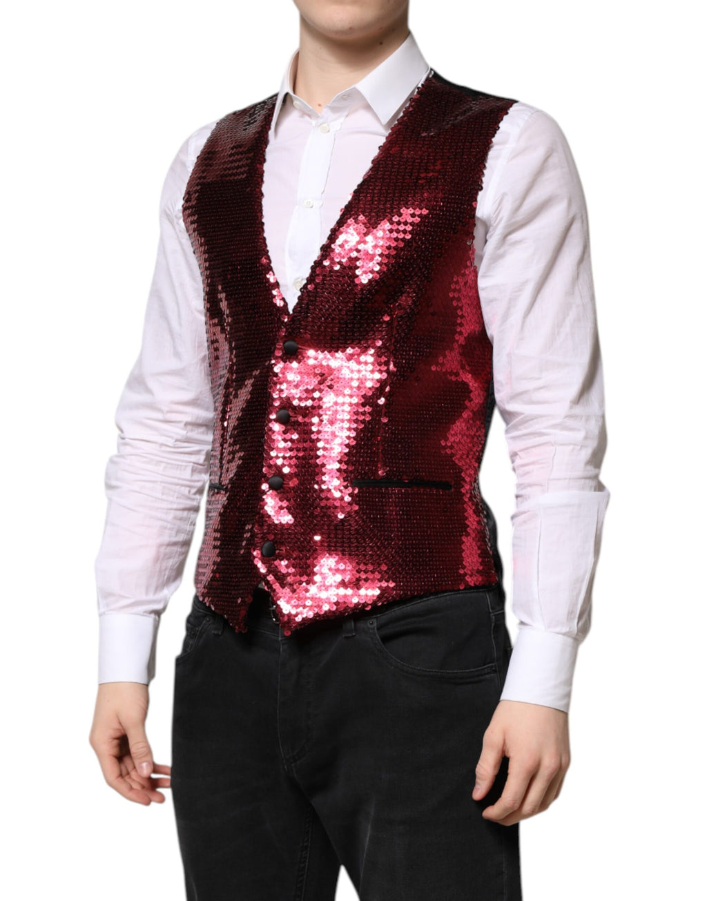 Dolce & Gabbana Red Sequined Dress Formal Men Waistcoat Vest