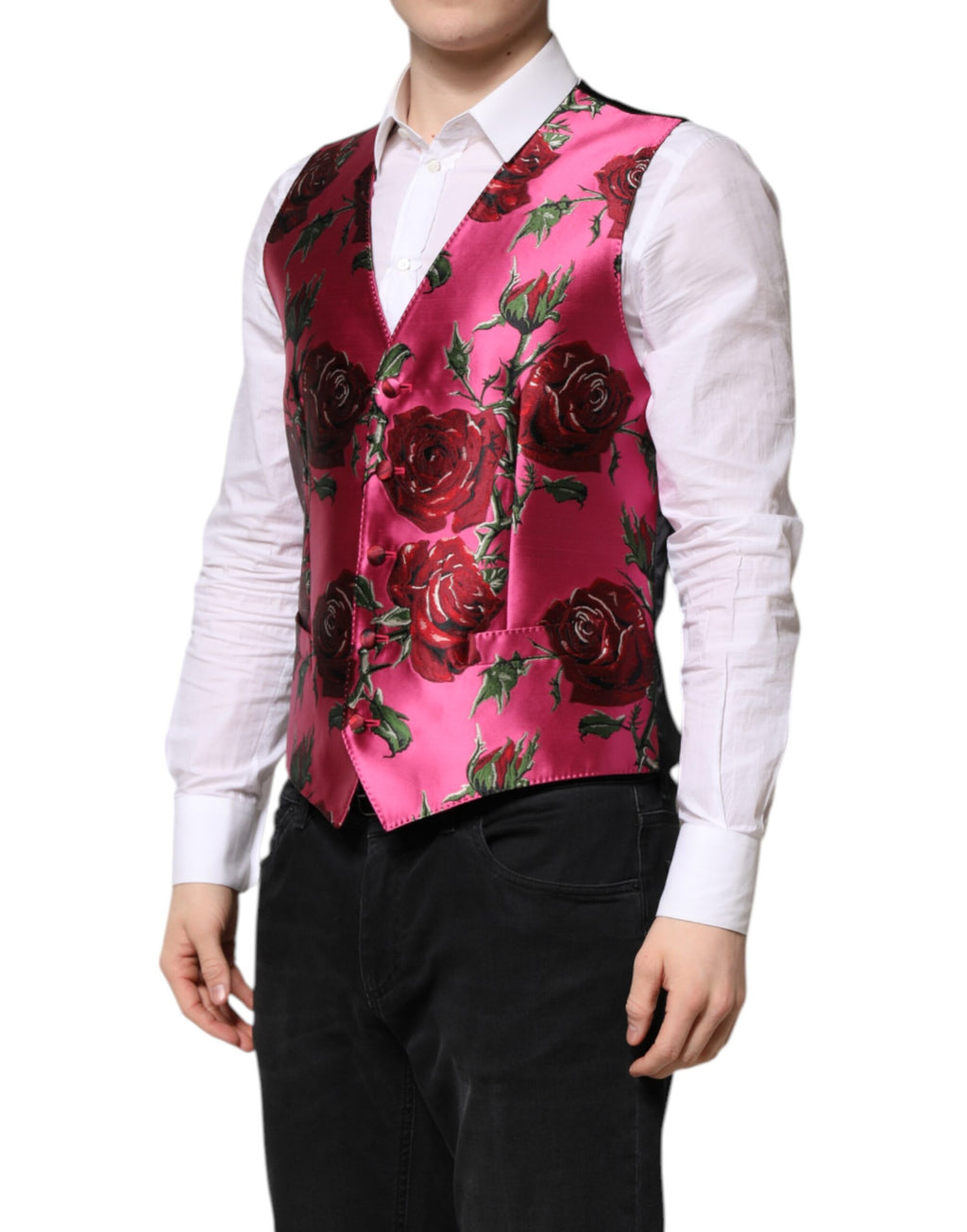 Dolce & Gabbana Pink Floral Satin Formal Men Waistcoat Vest