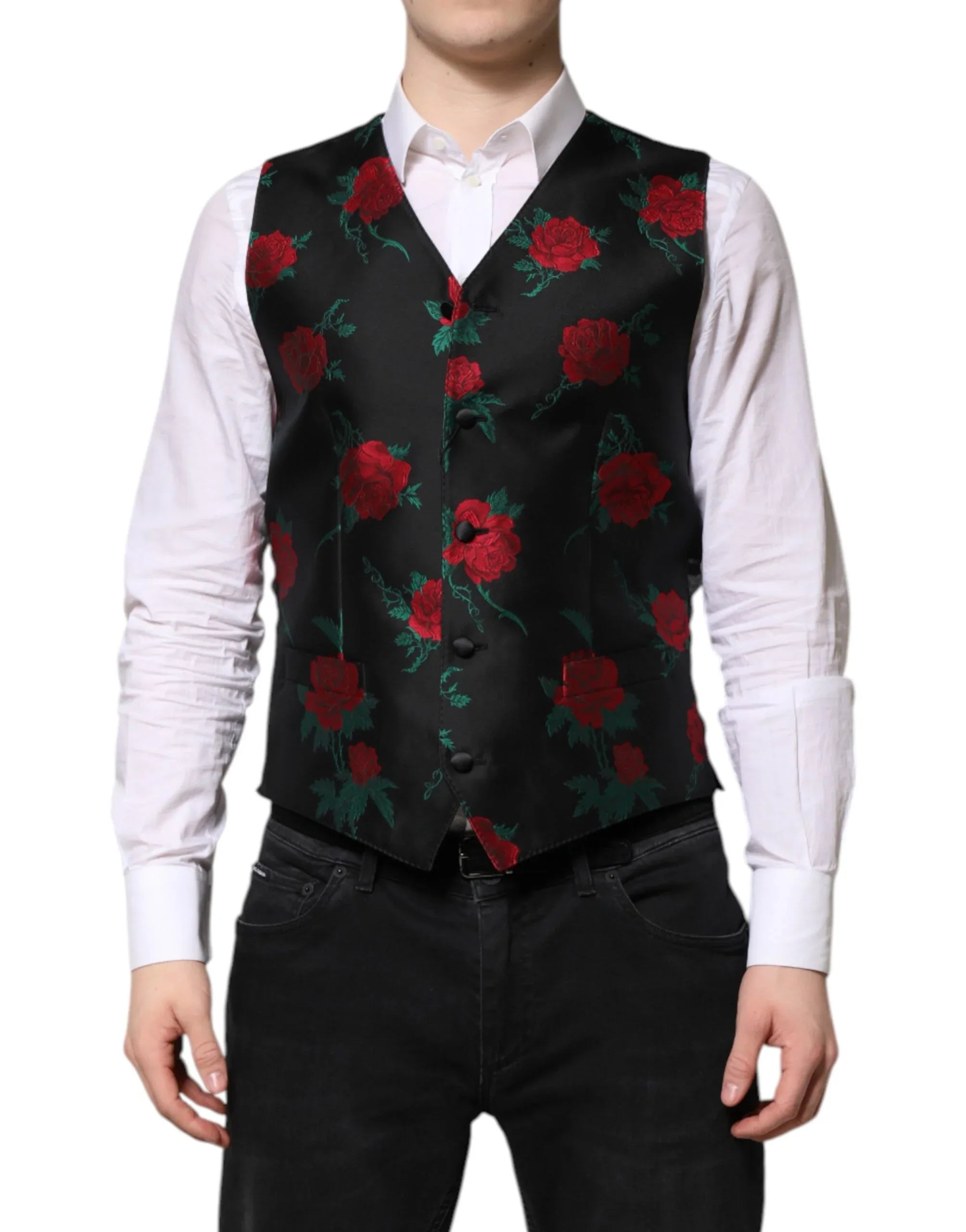 Dolce & Gabbana Red Floral Brocade Formal Men Waistcoat Vest - Zeiniez