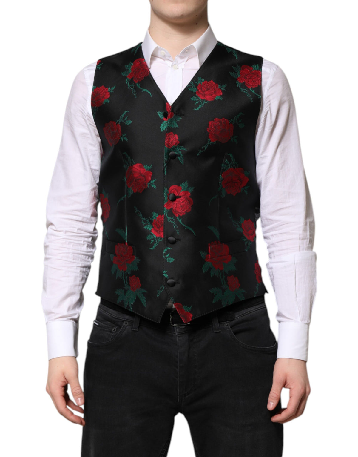 Dolce & Gabbana Red Floral Brocade Formal Men Waistcoat Vest