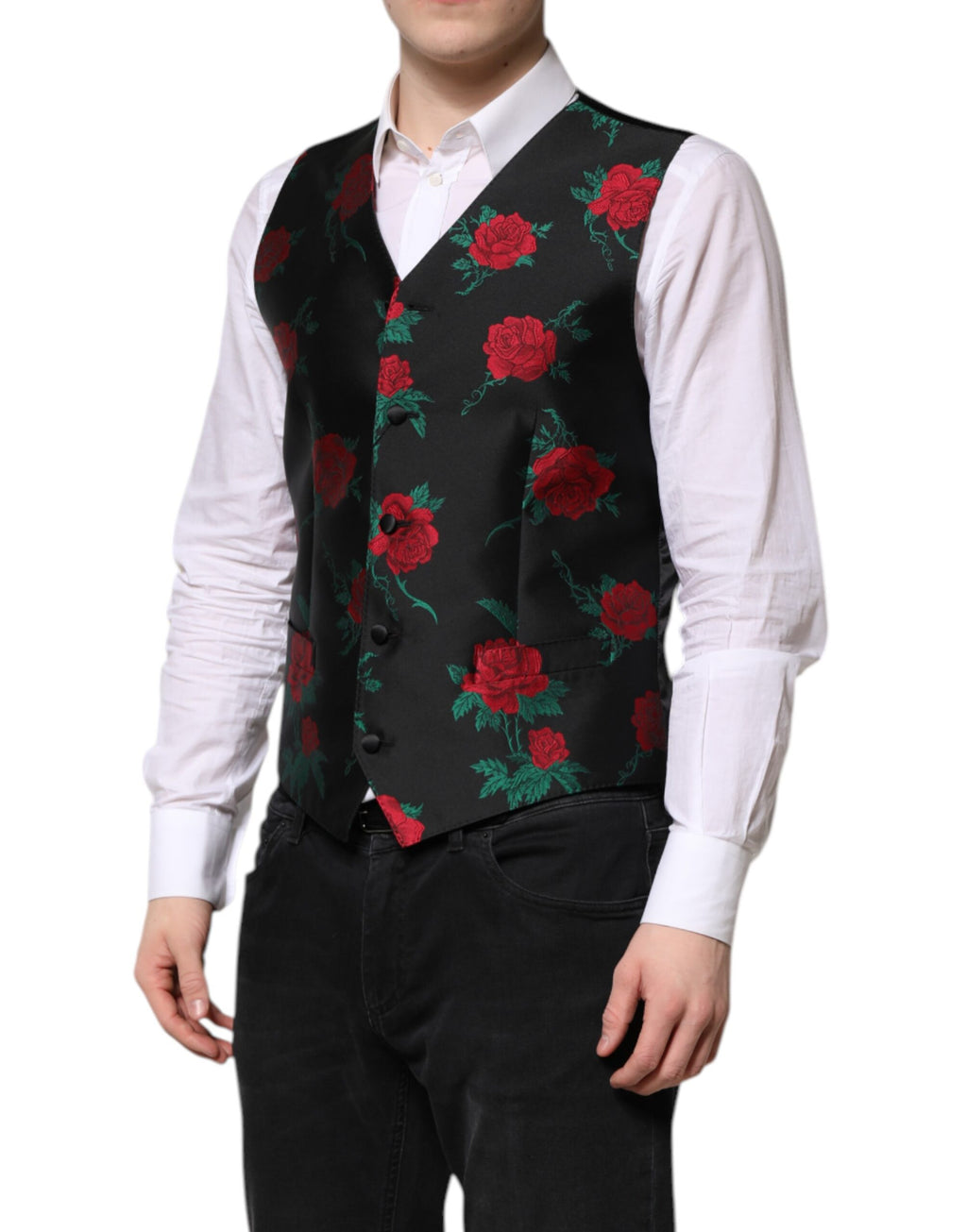 Dolce & Gabbana Red Floral Brocade Formal Men Waistcoat Vest