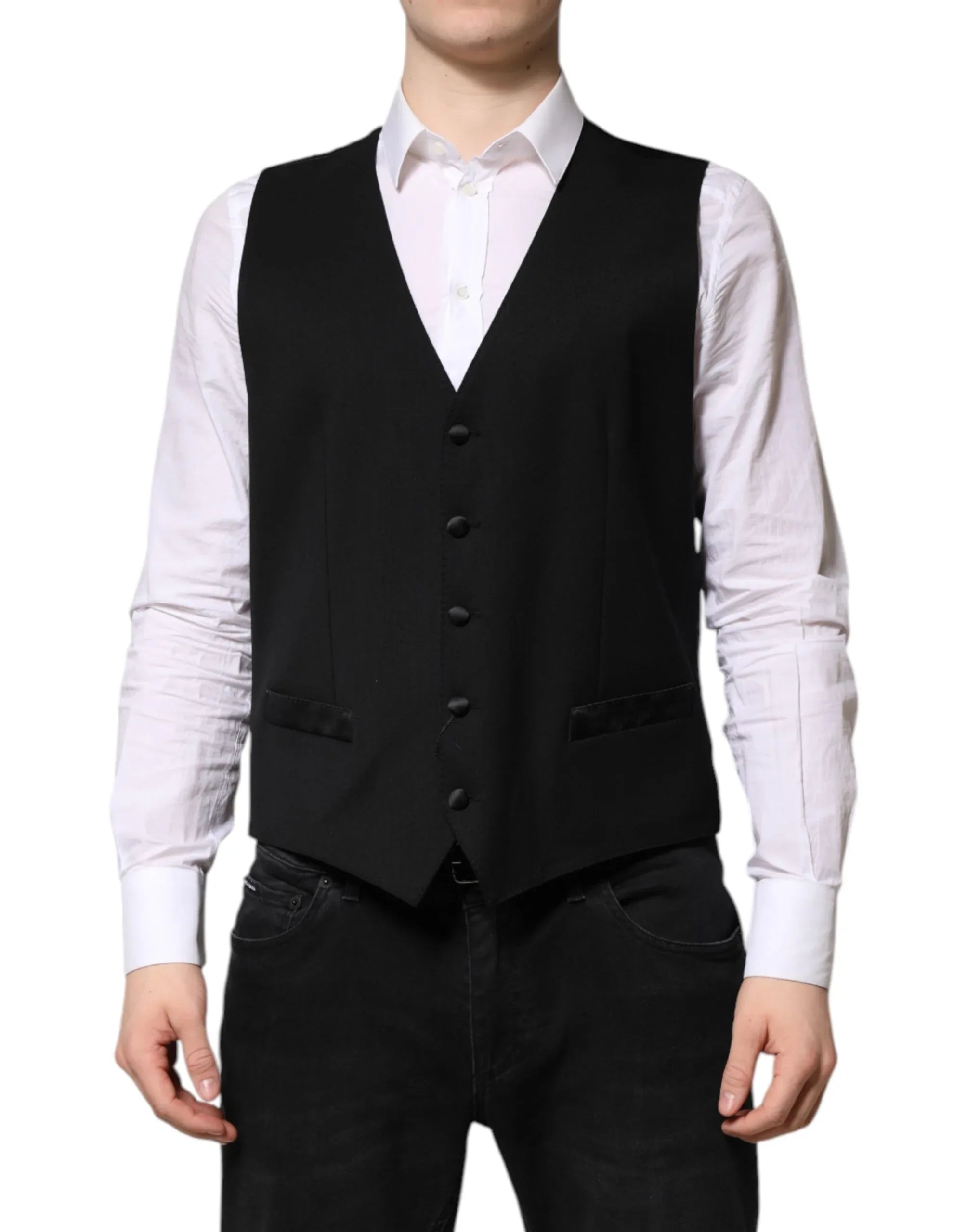 Dolce & Gabbana Black Wool Dress Formal Men Waistcoat Vest - Zeiniez