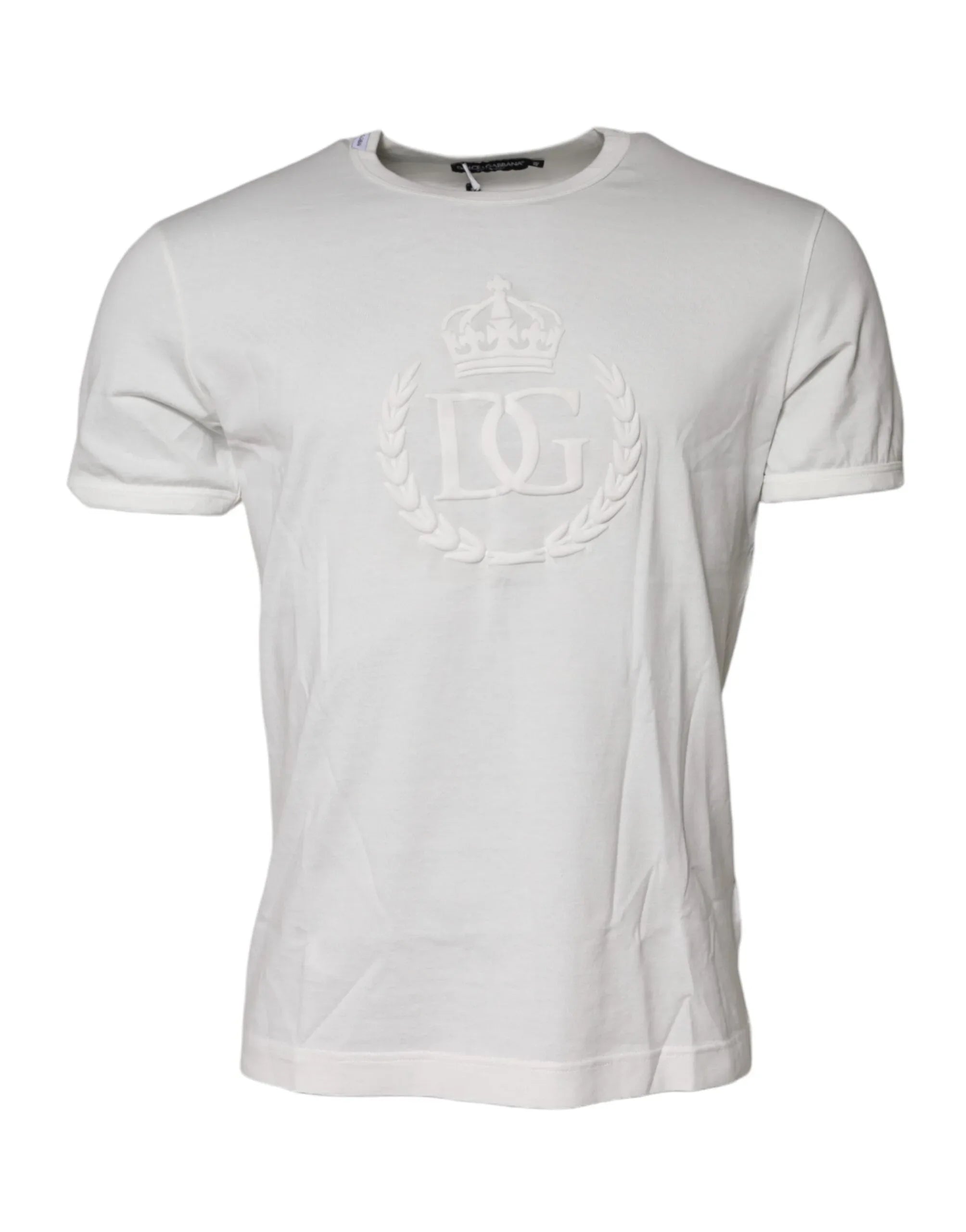 Dolce & Gabbana White Cotton DG Crown Embossed T-shirt - Zeiniez
