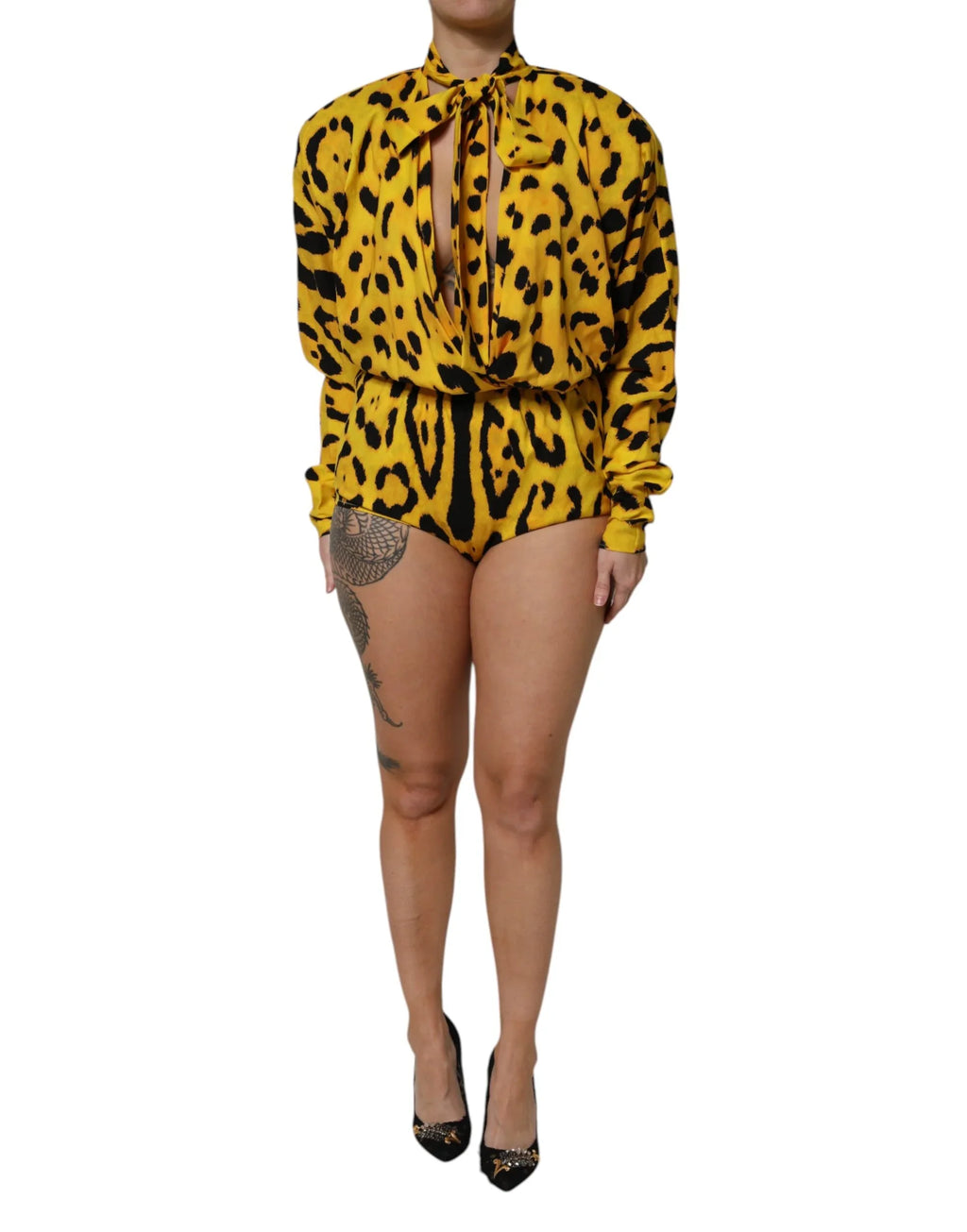 Dolce & Gabbana Yellow Leopard Long Sleeves Jumpsuit Dress - Zeiniez