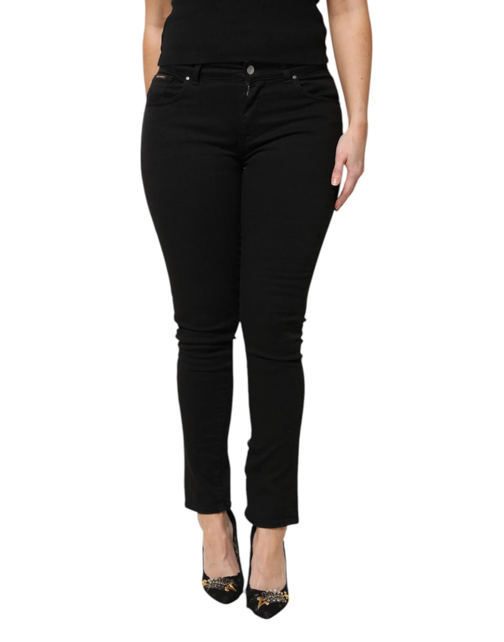 Dolce & Gabbana Black Cotton Logo Mid Waist Skinny Denim Jeans - Zeiniez