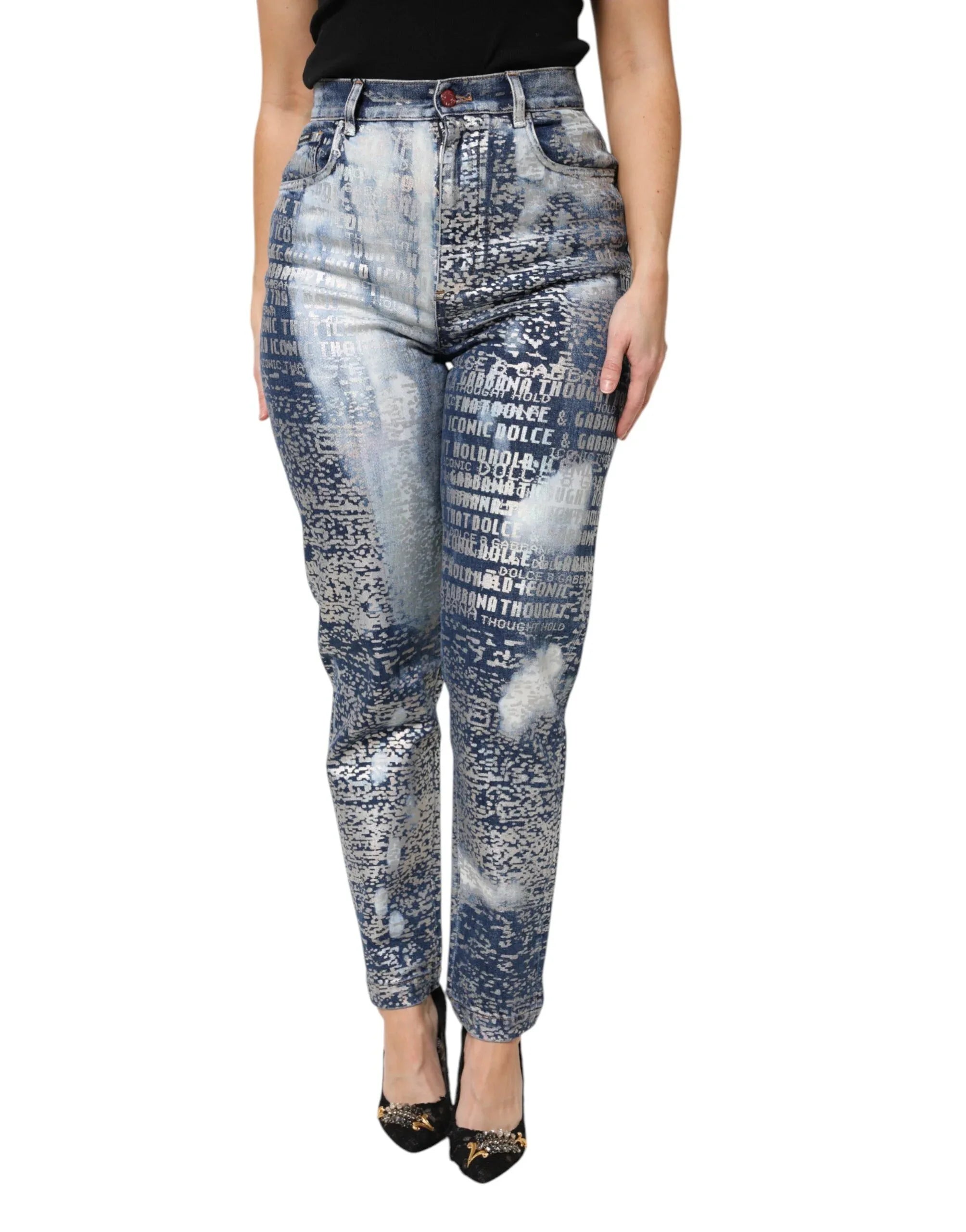 Dolce & Gabbana Blue Washed Print High Waist Denim Jeans - Zeiniez