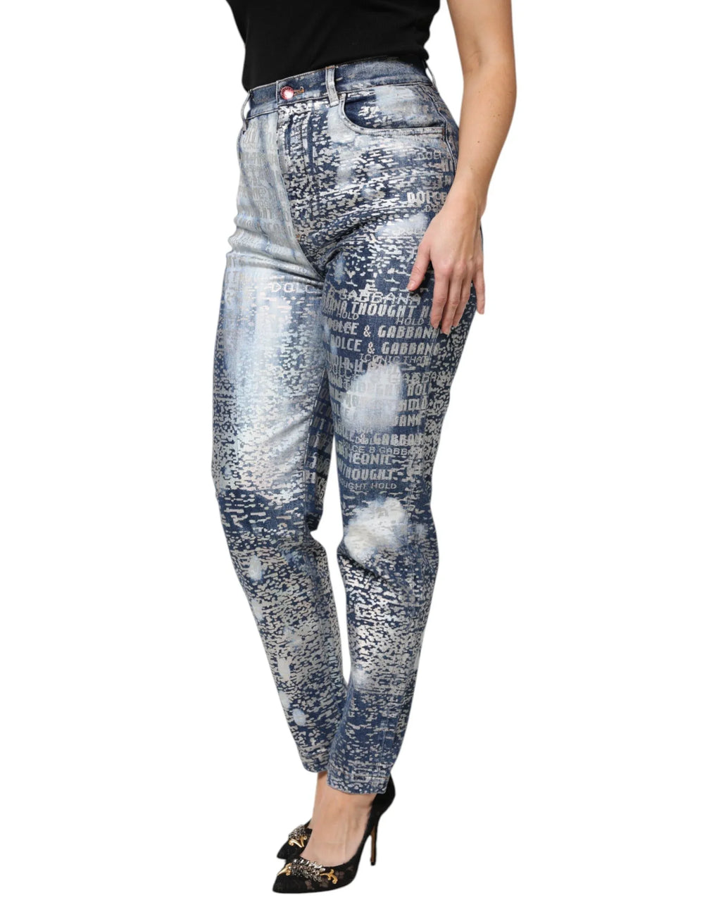 Dolce & Gabbana Blue Washed Print High Waist Denim Jeans - Zeiniez
