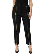 Dolce & Gabbana Black Wool High Waist Zipper Tapered Pants - Zeiniez