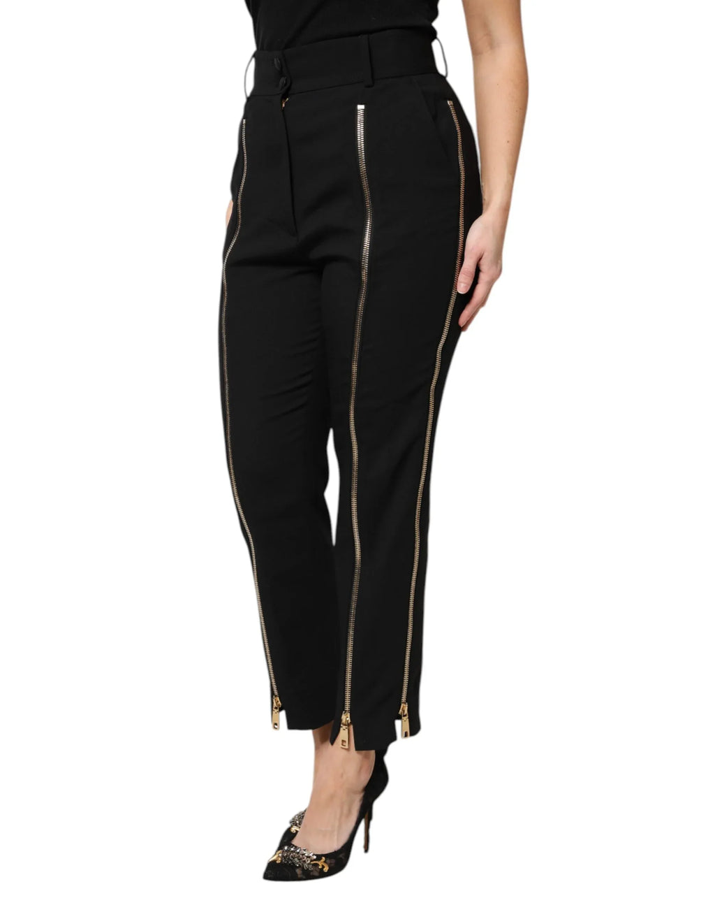 Dolce & Gabbana Black Wool High Waist Zipper Tapered Pants - Zeiniez