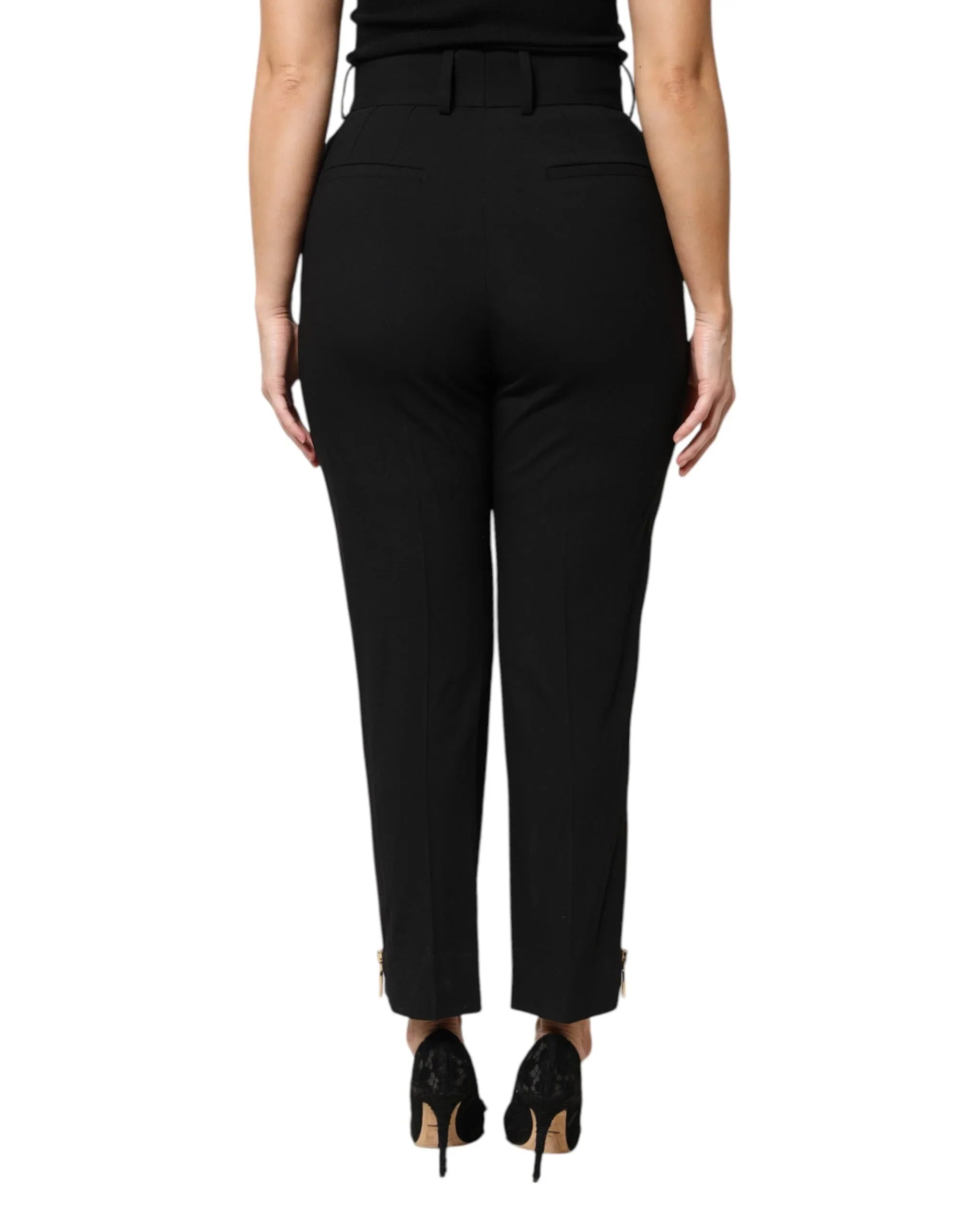 Dolce & Gabbana Black Wool High Waist Zipper Tapered Pants - Zeiniez