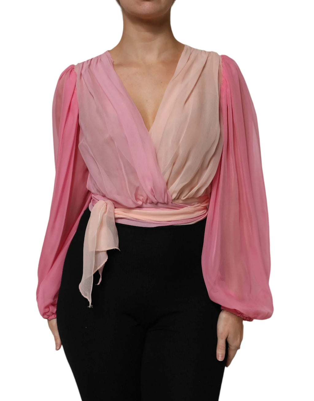 Dolce & Gabbana Pink Plunging V-neck Long Sleeves Blouse Top - Zeiniez