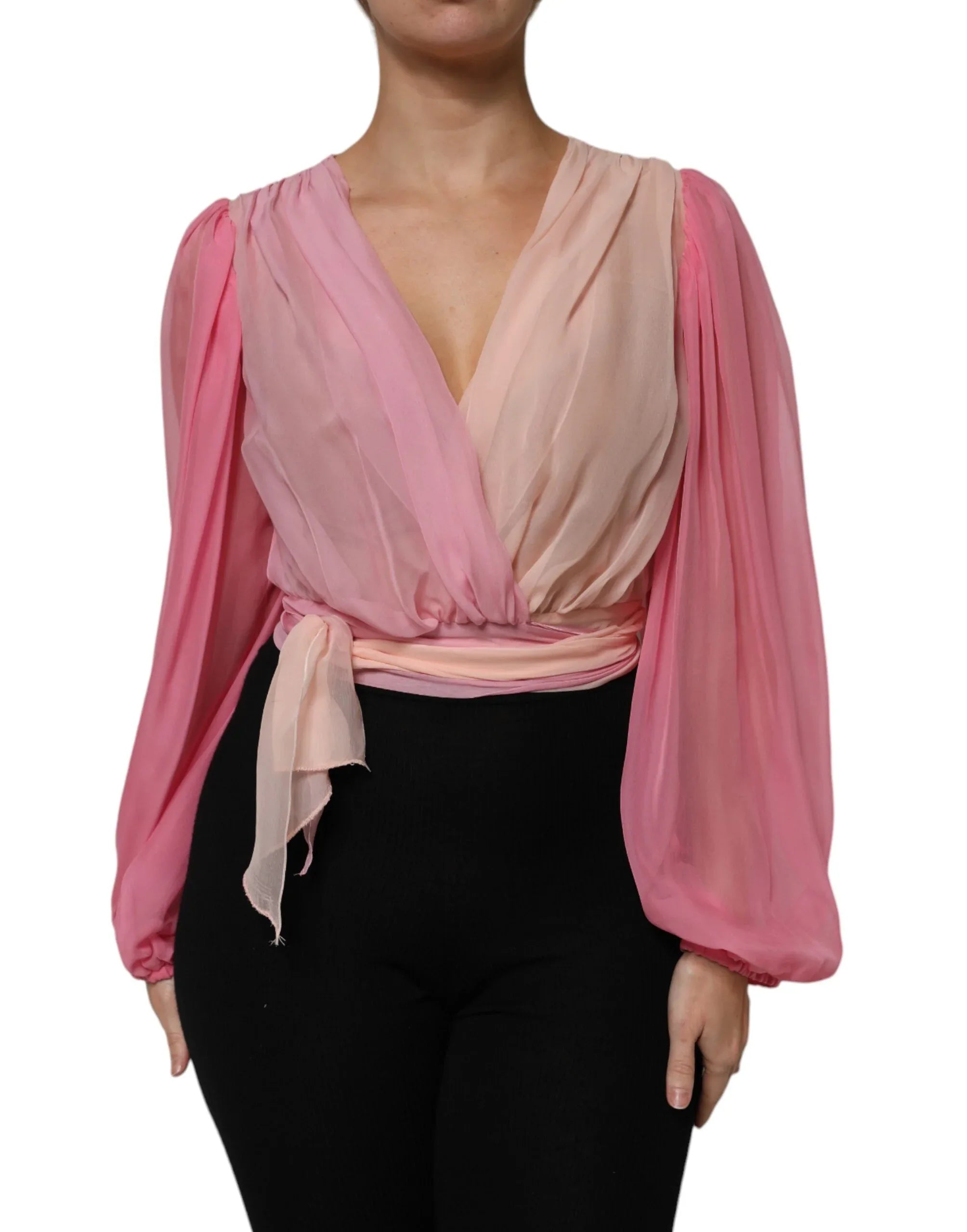 Dolce & Gabbana Pink Plunging V-neck Long Sleeves Blouse Top - Zeiniez
