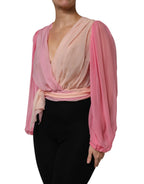 Dolce & Gabbana Pink Plunging V-neck Long Sleeves Blouse Top - Zeiniez