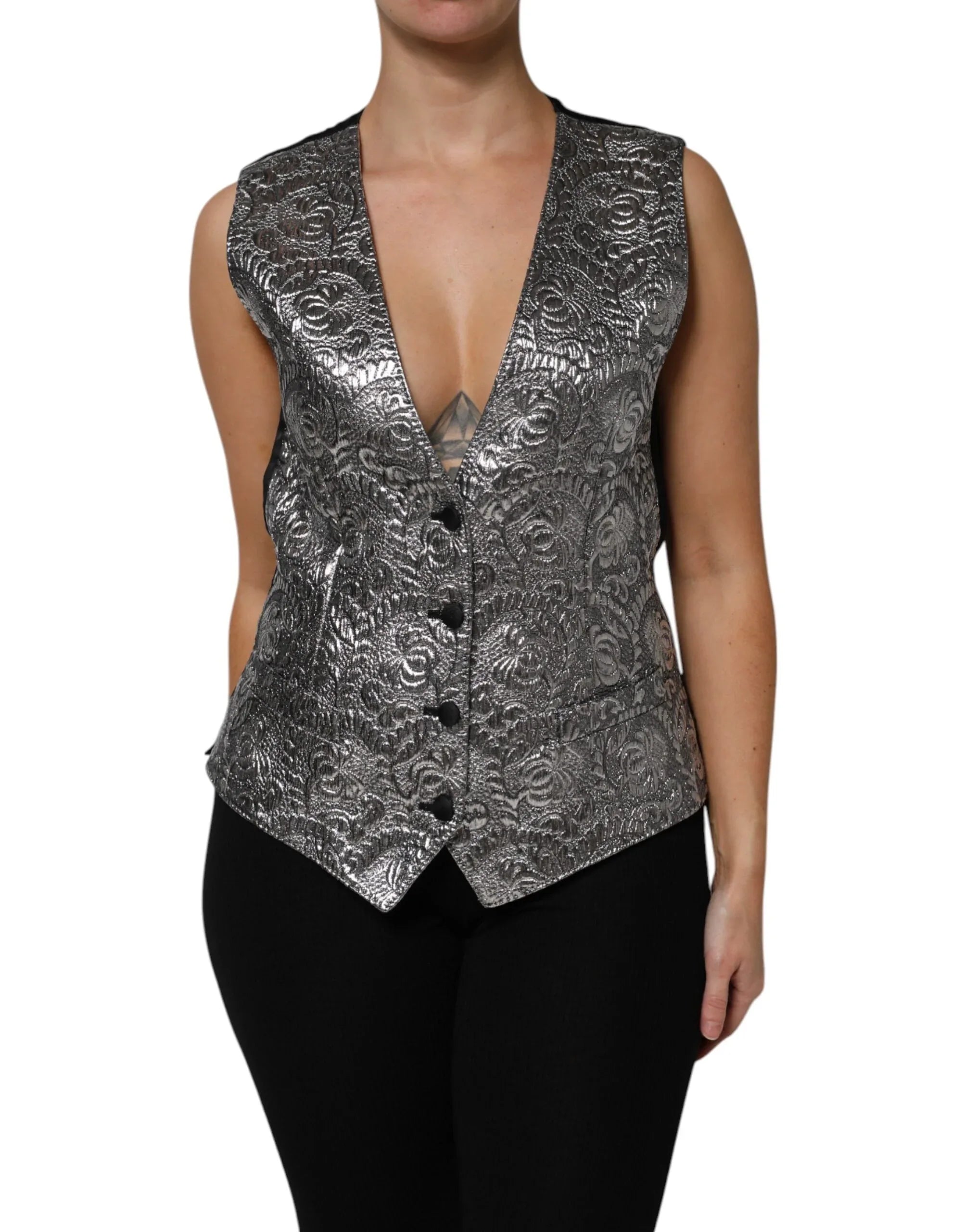 Dolce & Gabbana Silver Floral Jacquard Sleeveless Vest Top - Zeiniez
