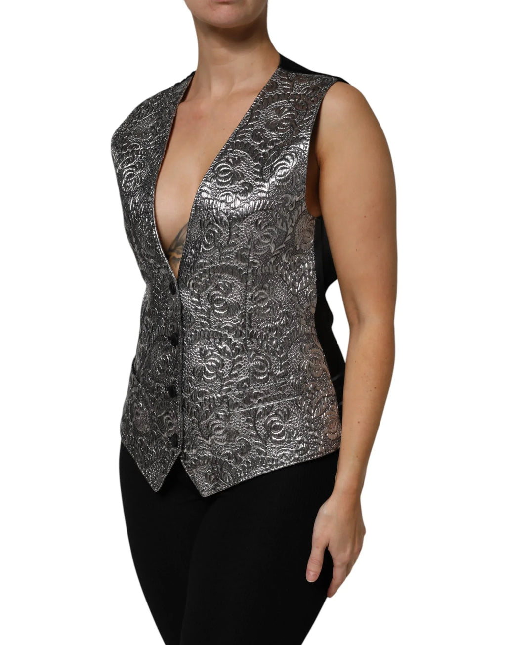 Dolce & Gabbana Silver Floral Jacquard Sleeveless Vest Top - Zeiniez